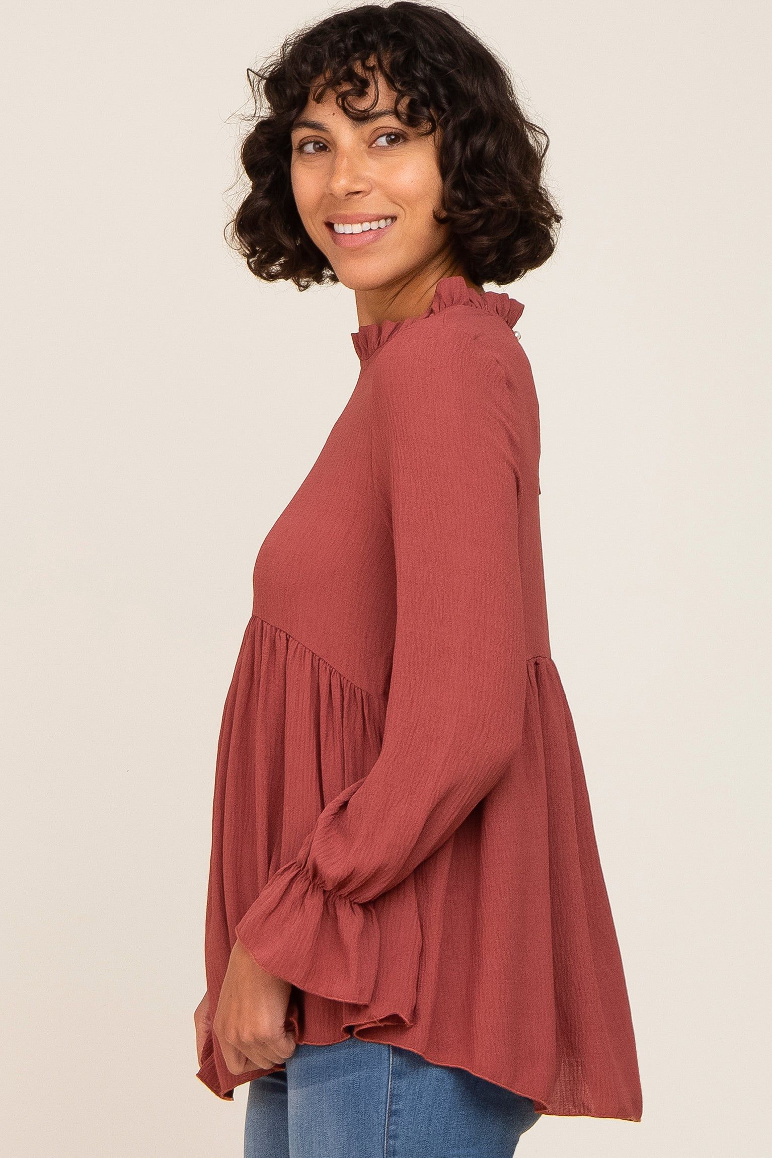 Rust Long Sleeve Ruffle Peplum Blouse sold by Pinkblush product image thumbnail 2