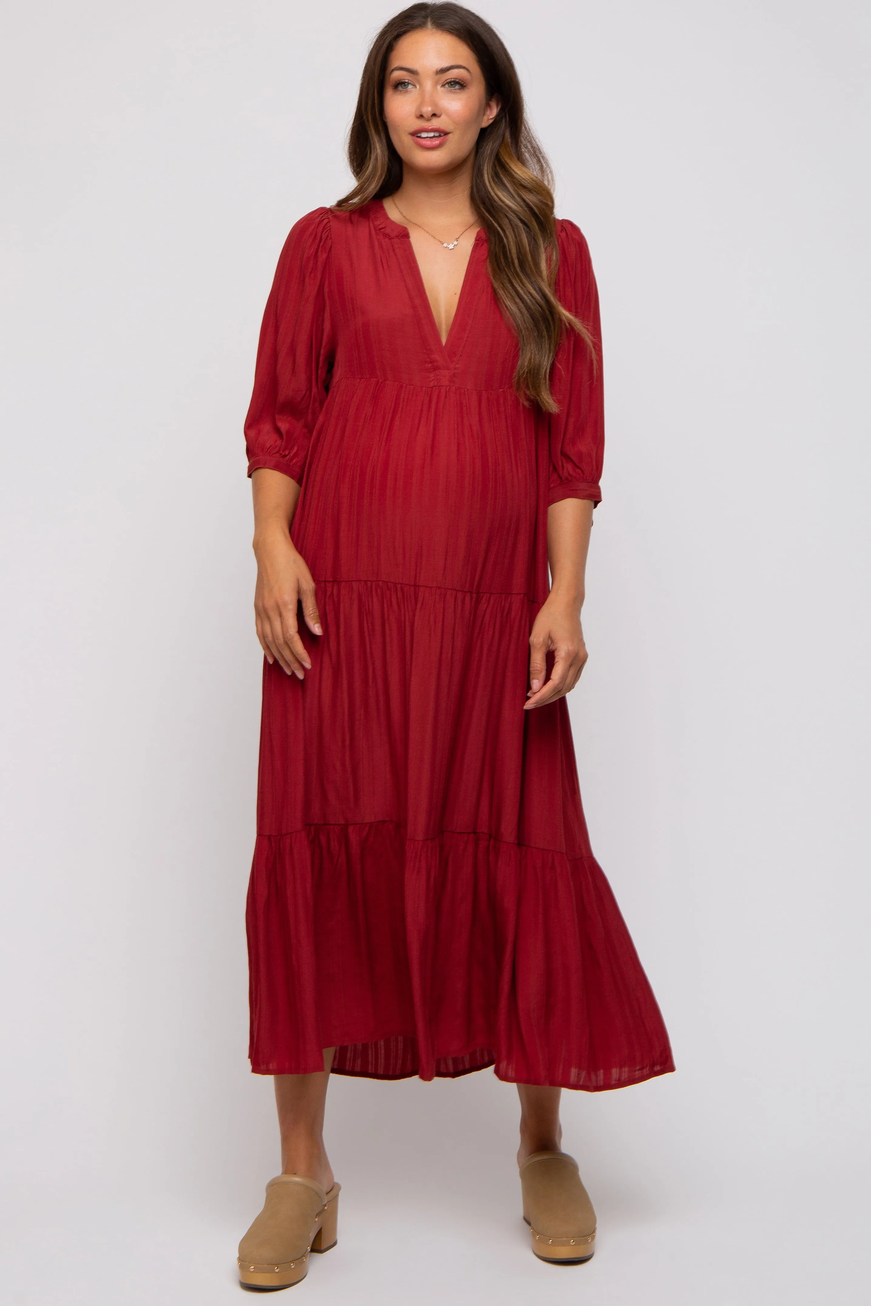 Burgundy Striped Tiered Maternity Midi Dress sold by Pinkblush product image thumbnail 2