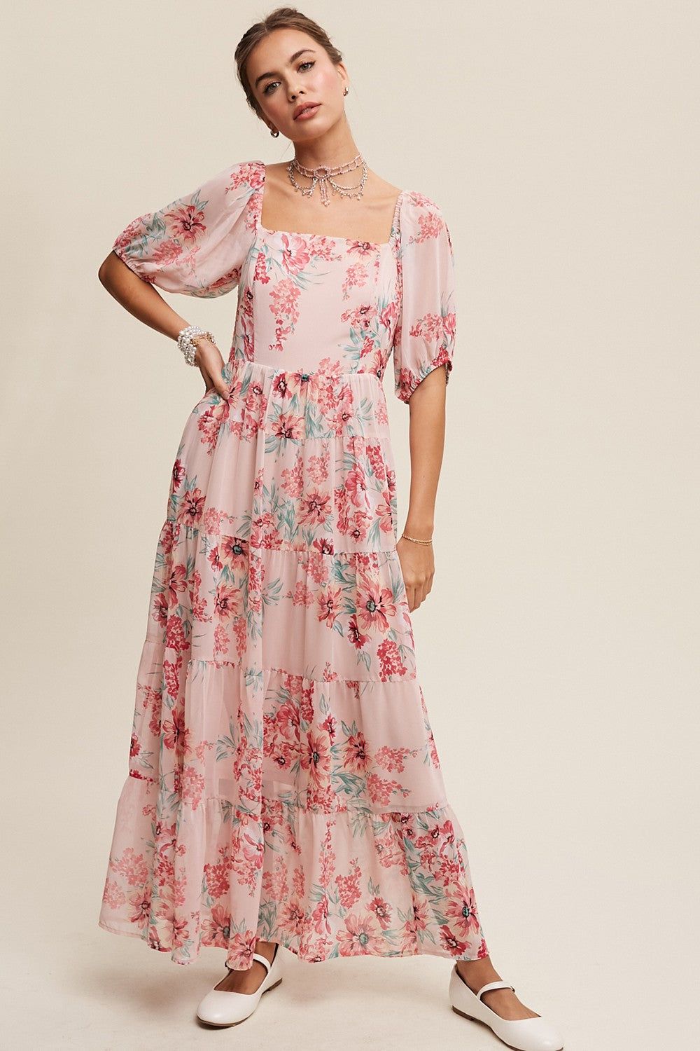 Blush Square Neck Puff Sleeve Floral Chiffon Maxi Dress sold by Pinkblush product image thumbnail 2