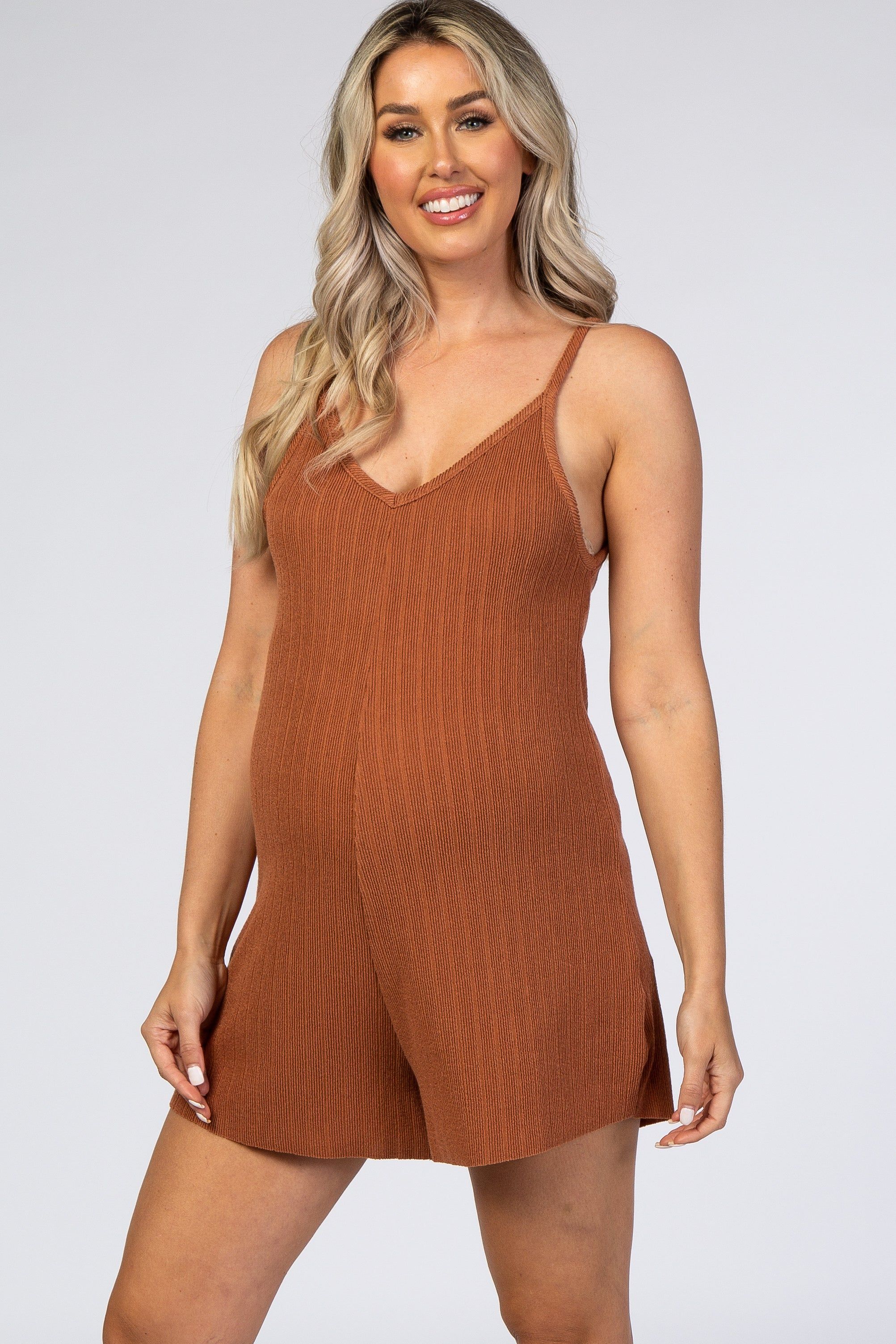 Brown Ribbed V-Neck Maternity Romper sold by Pinkblush product image thumbnail 4