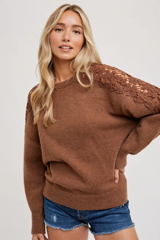 Mocha Crochet Lace Shoulder Sweater sold by Pinkblush