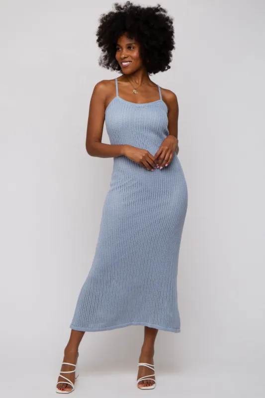 Light Blue Open Knit Crochet Midi Dress sold by Pinkblush