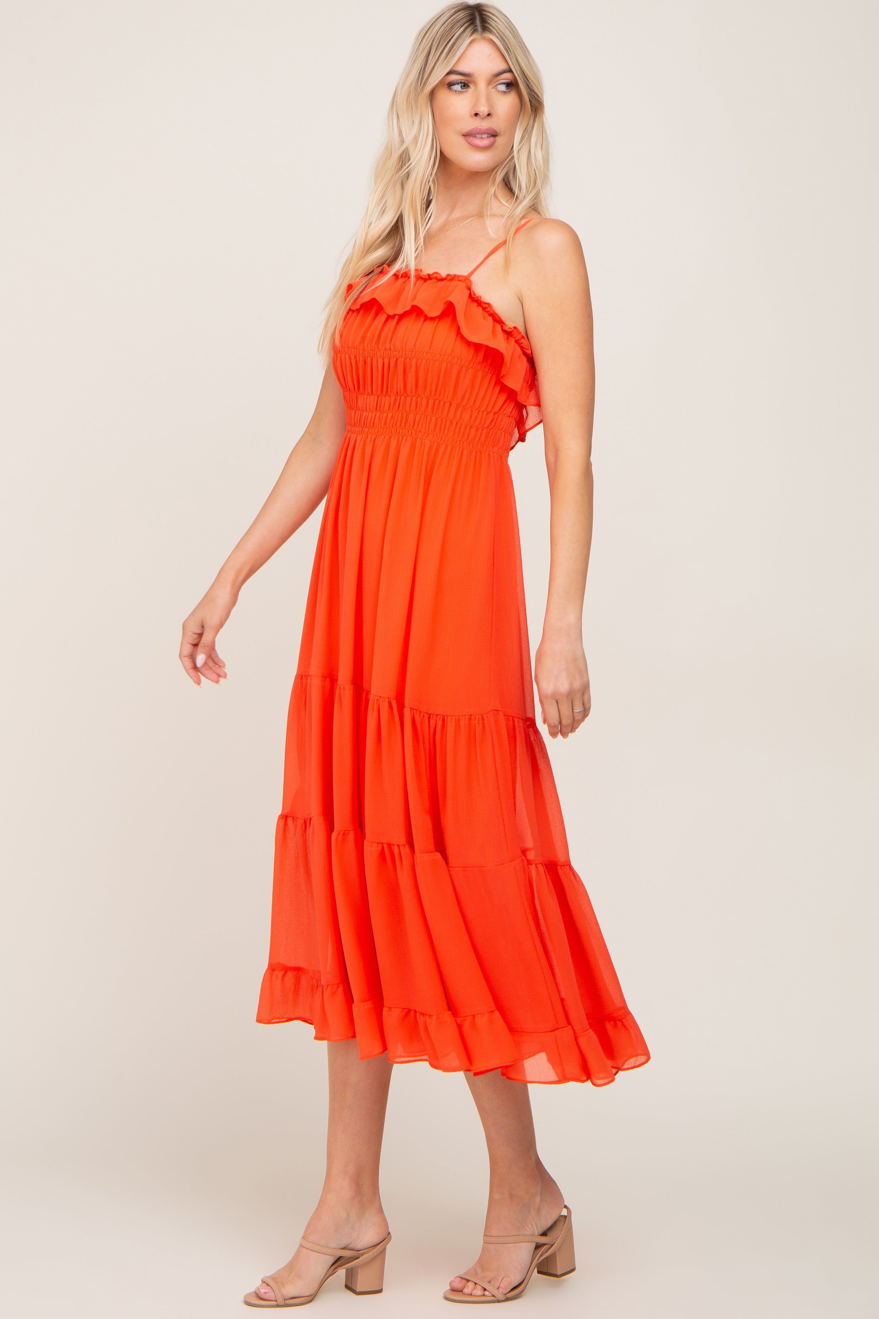 Orange Shirred Ruffle Midi Dress sold by Pinkblush product image thumbnail 2