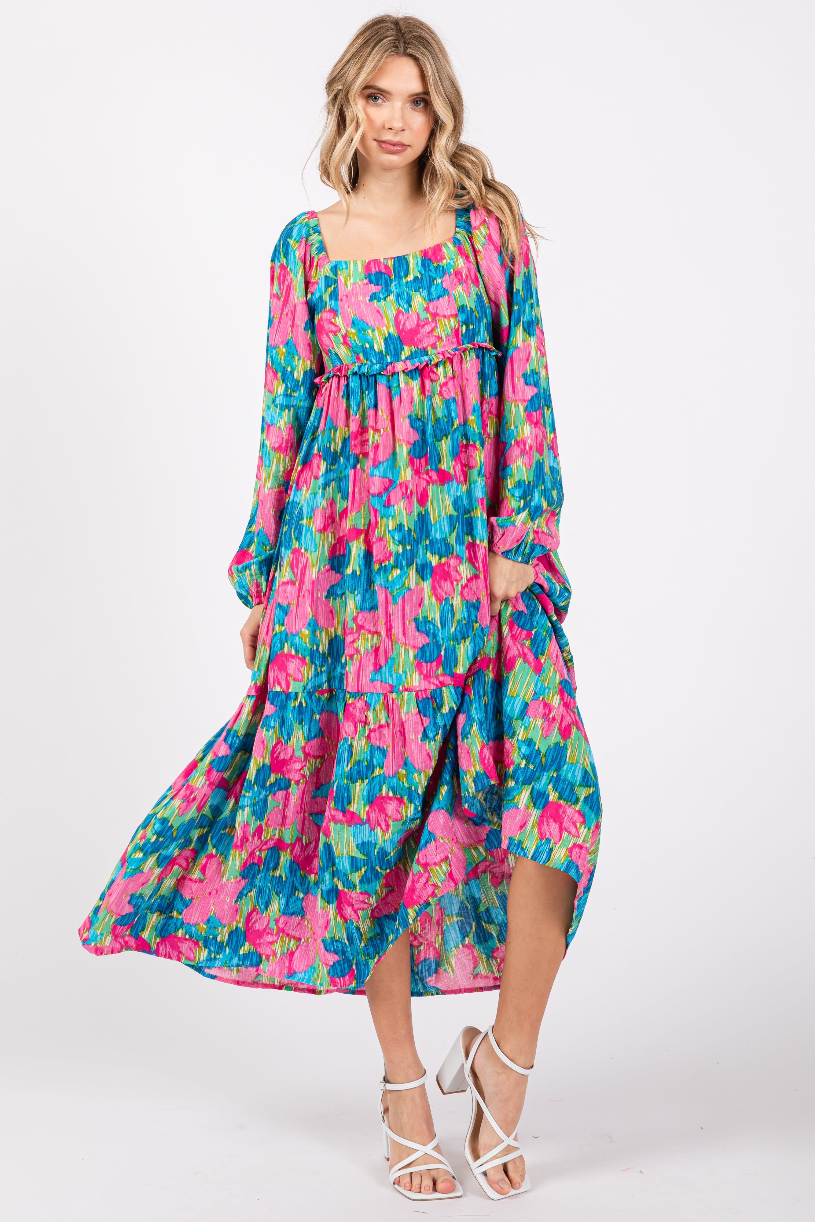 Blue Floral Long Sleeve Midi Dress sold by Pinkblush product image thumbnail 4