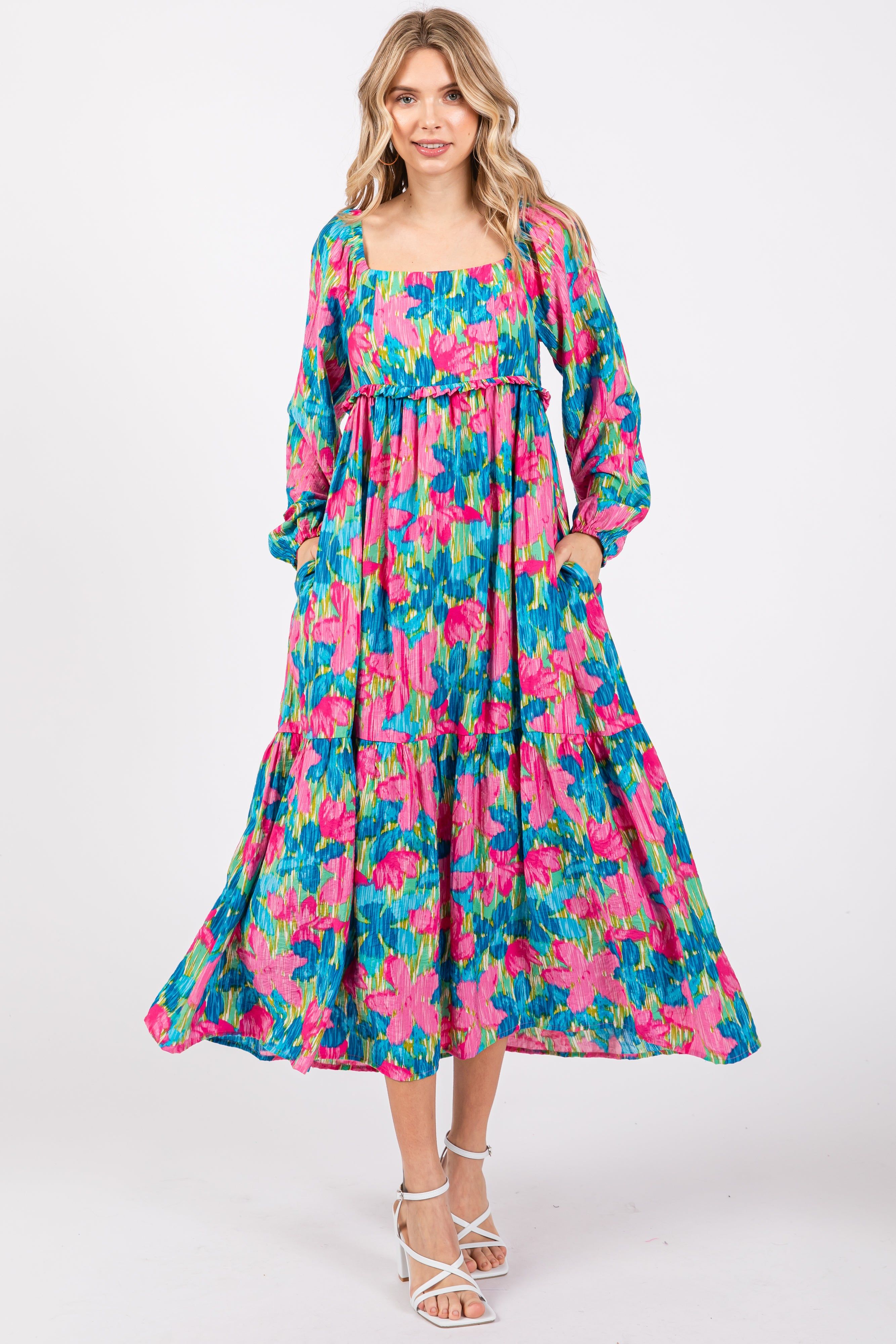 Blue Floral Long Sleeve Midi Dress sold by Pinkblush