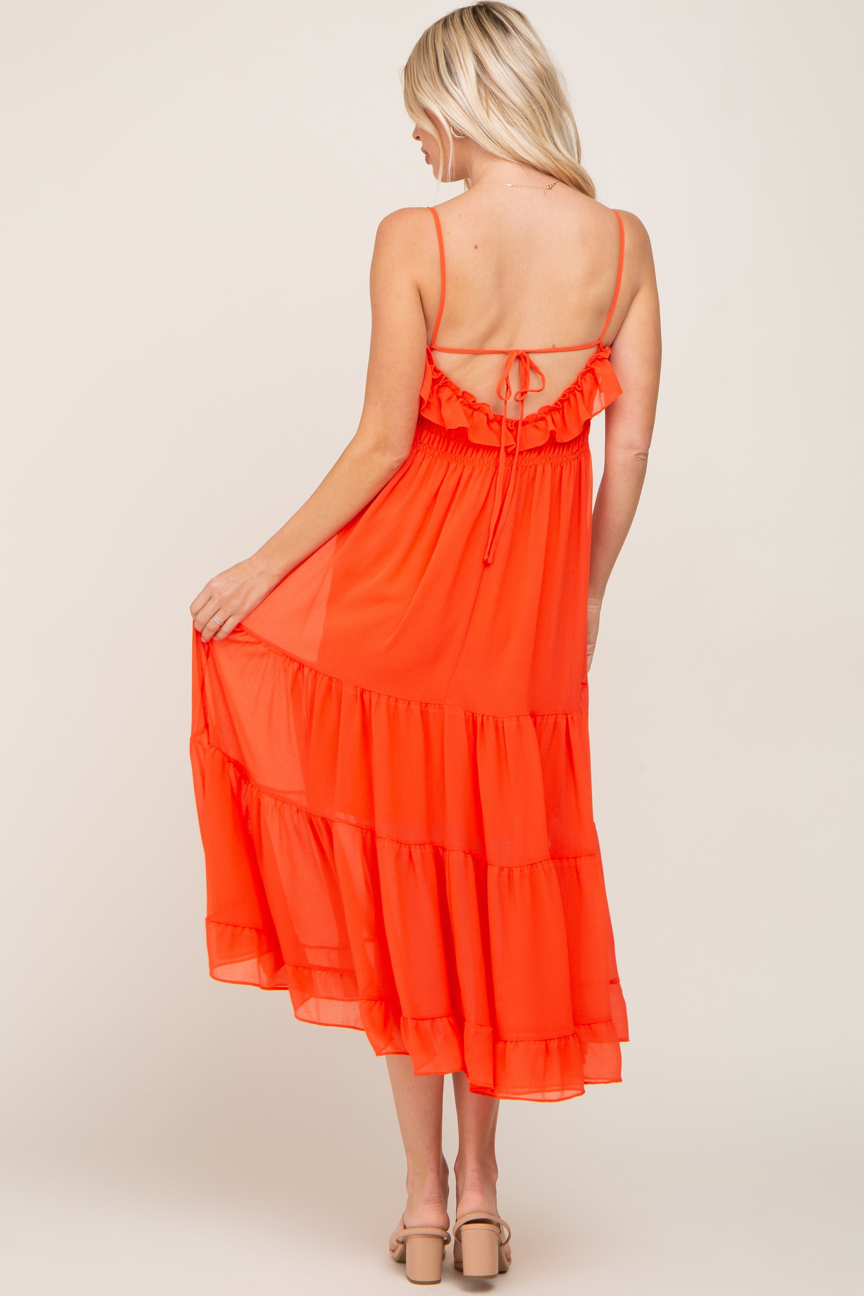Orange Shirred Ruffle Midi Dress sold by Pinkblush product image thumbnail 3