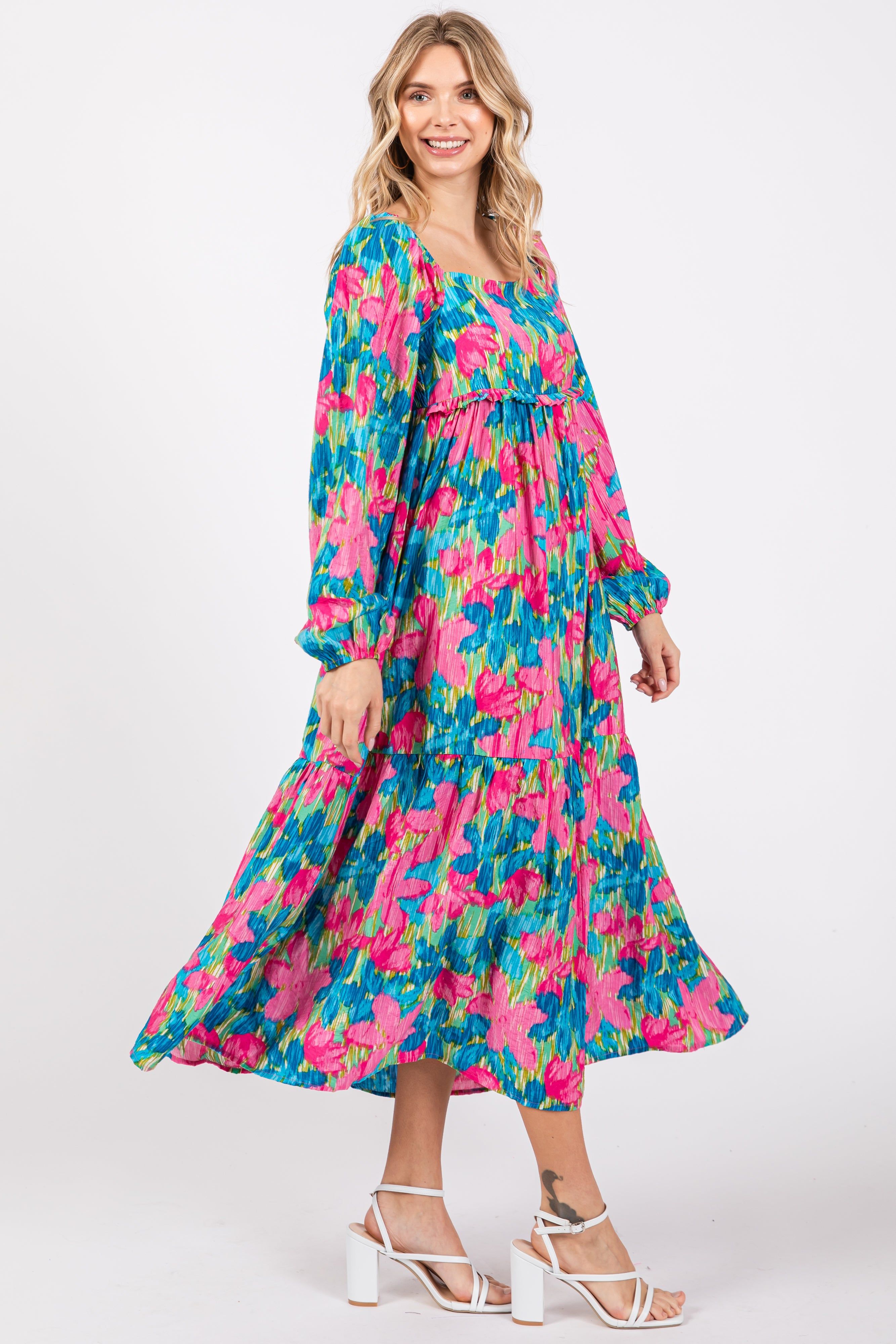 Blue Floral Long Sleeve Midi Dress sold by Pinkblush product image thumbnail 2