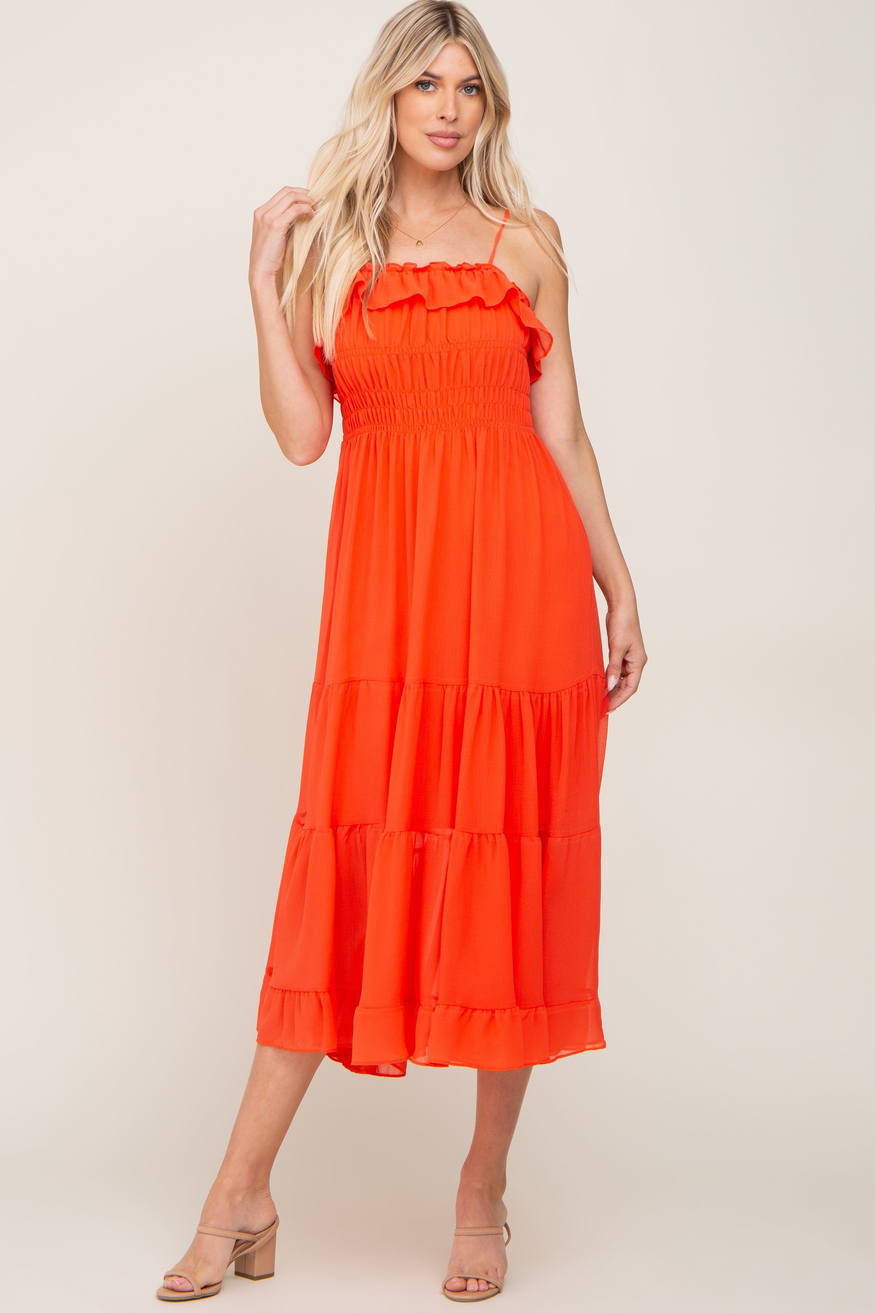 Orange Shirred Ruffle Midi Dress sold by Pinkblush product image thumbnail 4