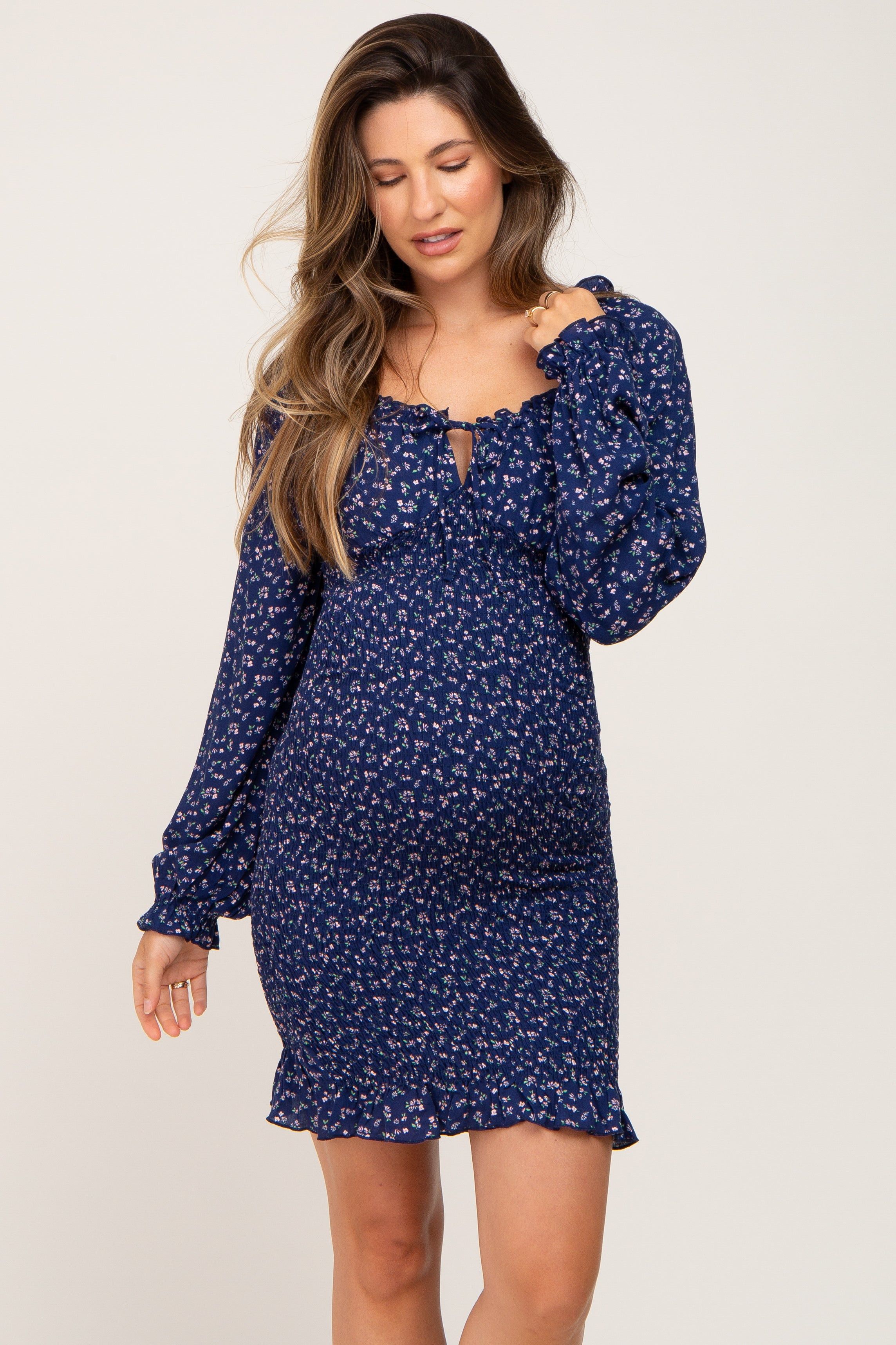 Navy Floral Sweetheart Neck Smocked Long Sleeve Maternity Dress sold by Pinkblush