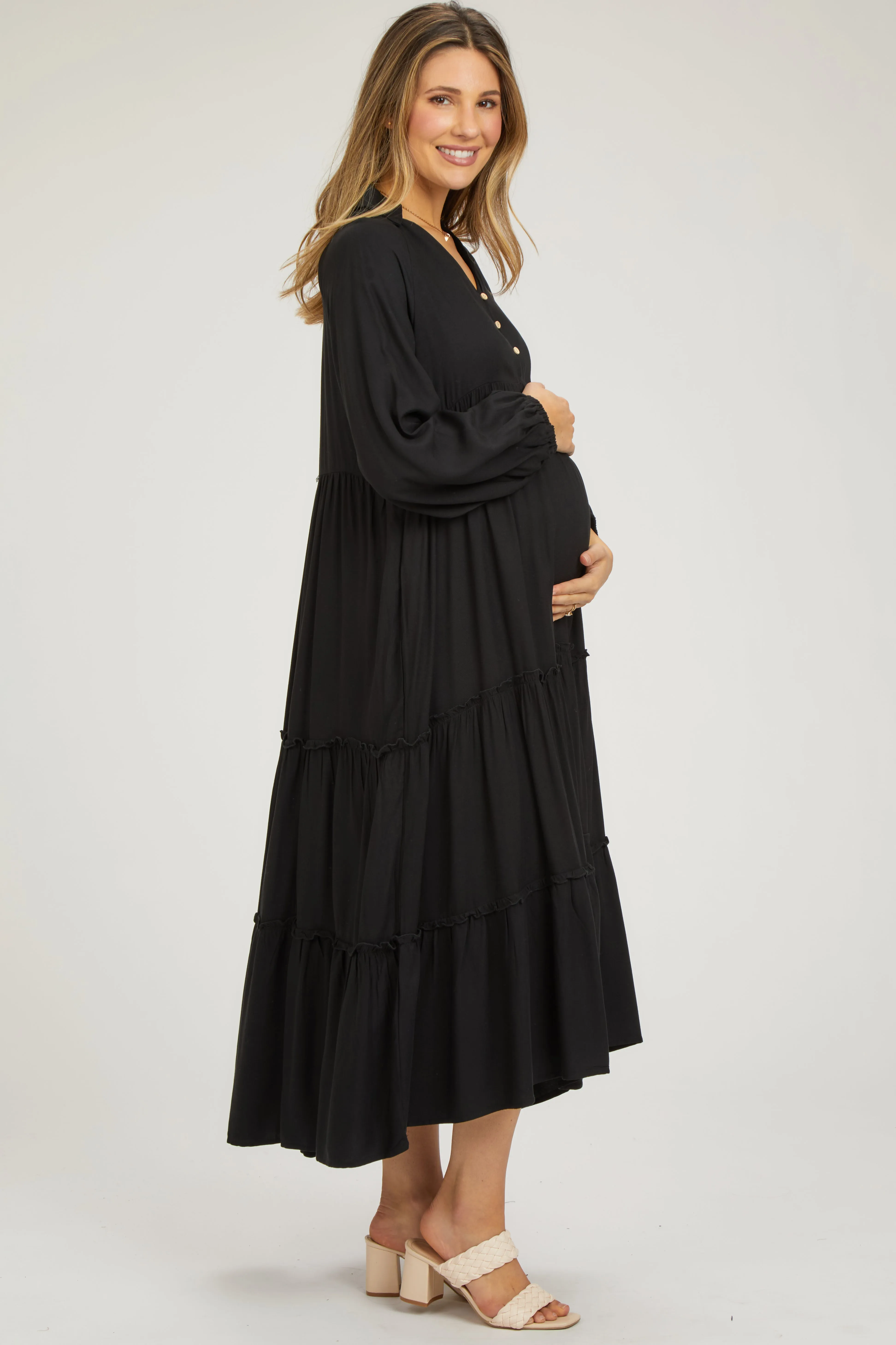 Black Button Front V-Neck Ruffle Tiered Maternity Midi Dress sold by Pinkblush product image thumbnail 2