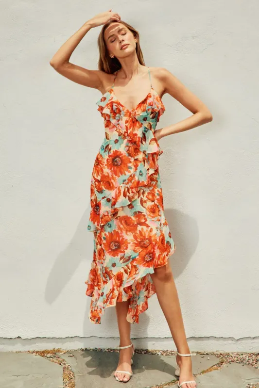 Orange Garden Diagonal Ruffled Midi Dress sold by Pinkblush