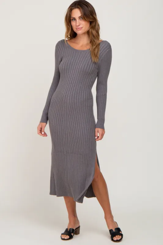 Grey Ribbed Side Slit Midi Sweater Dress sold by Pinkblush