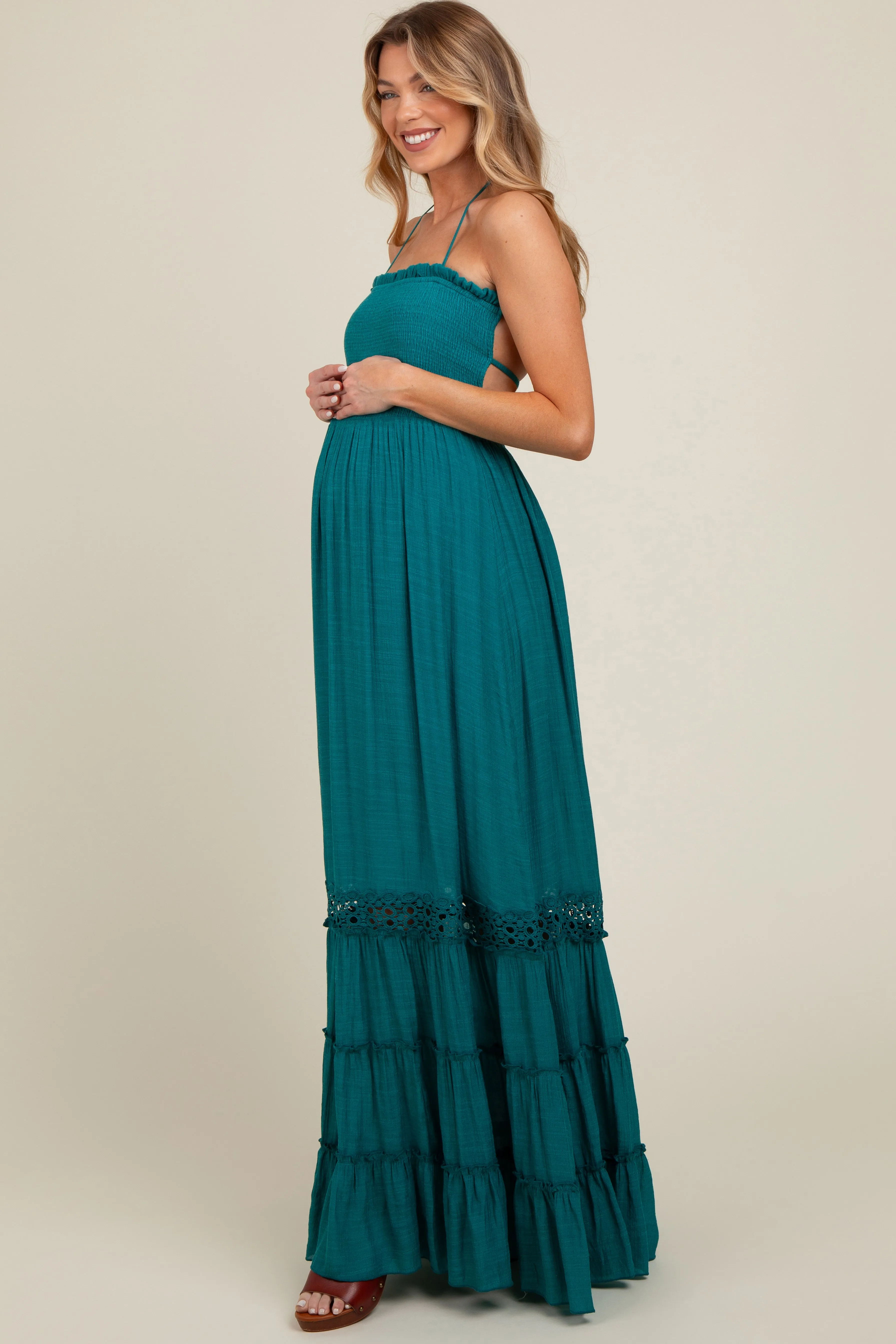 Teal Smocked Open Back Maternity Maxi Dress sold by Pinkblush product image thumbnail 3