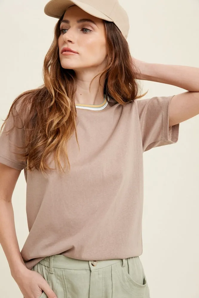 Taupe Contrast Neck Band Short Sleeve Top sold by Pinkblush