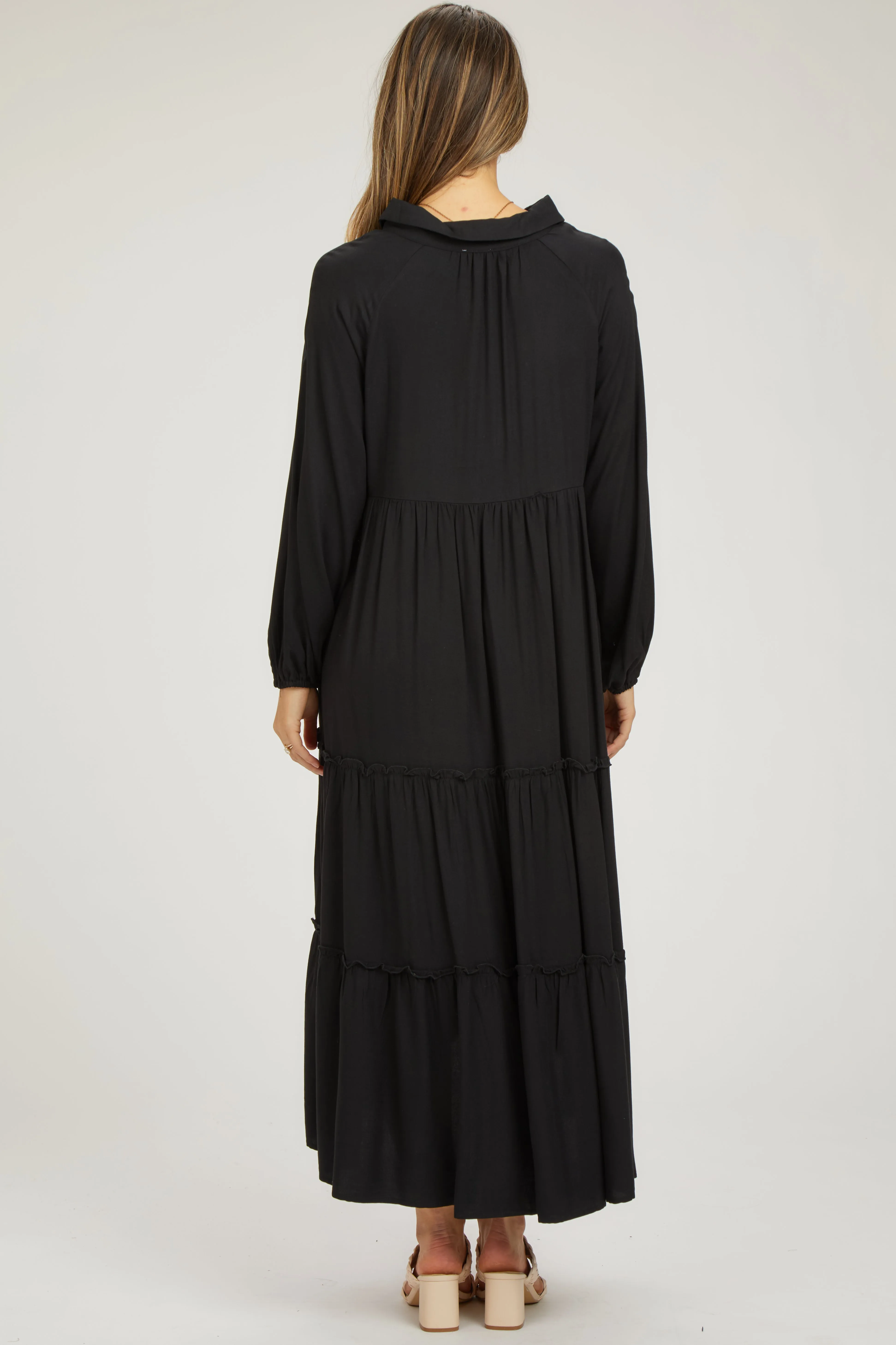 Black Button Front V-Neck Ruffle Tiered Maternity Midi Dress sold by Pinkblush product image thumbnail 3