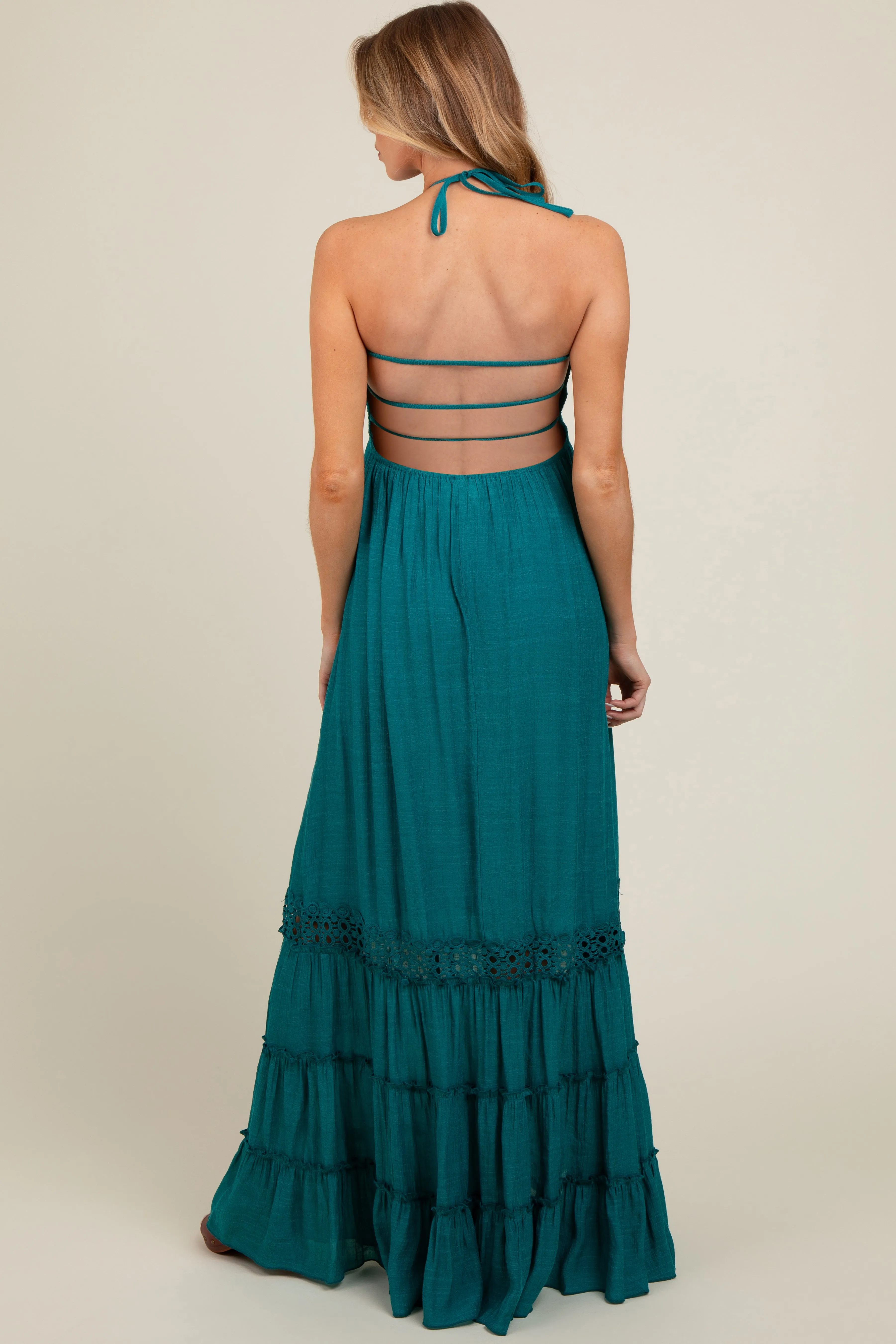 Teal Smocked Open Back Maternity Maxi Dress sold by Pinkblush product image thumbnail 4