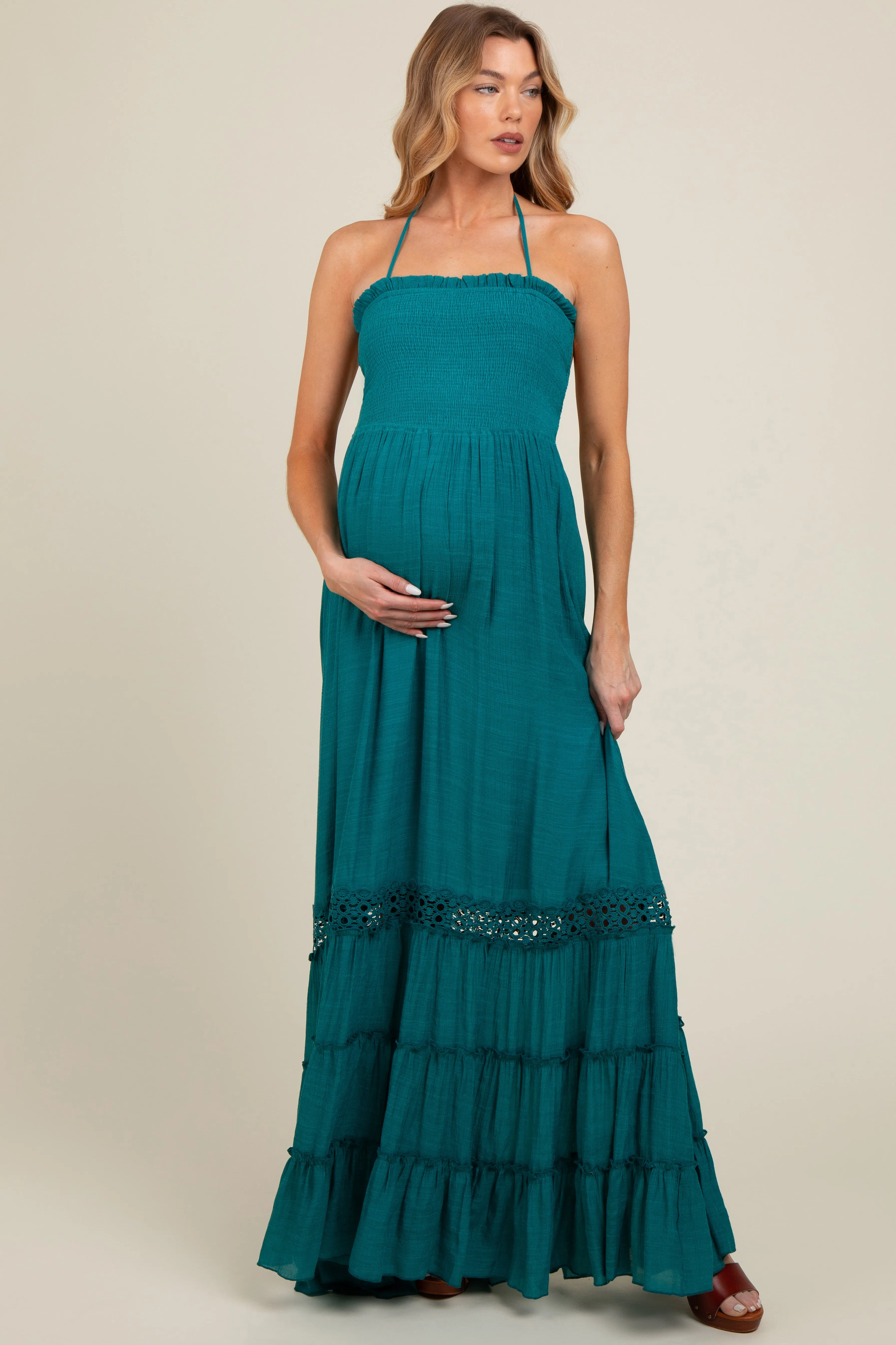 Teal Smocked Open Back Maternity Maxi Dress sold by Pinkblush