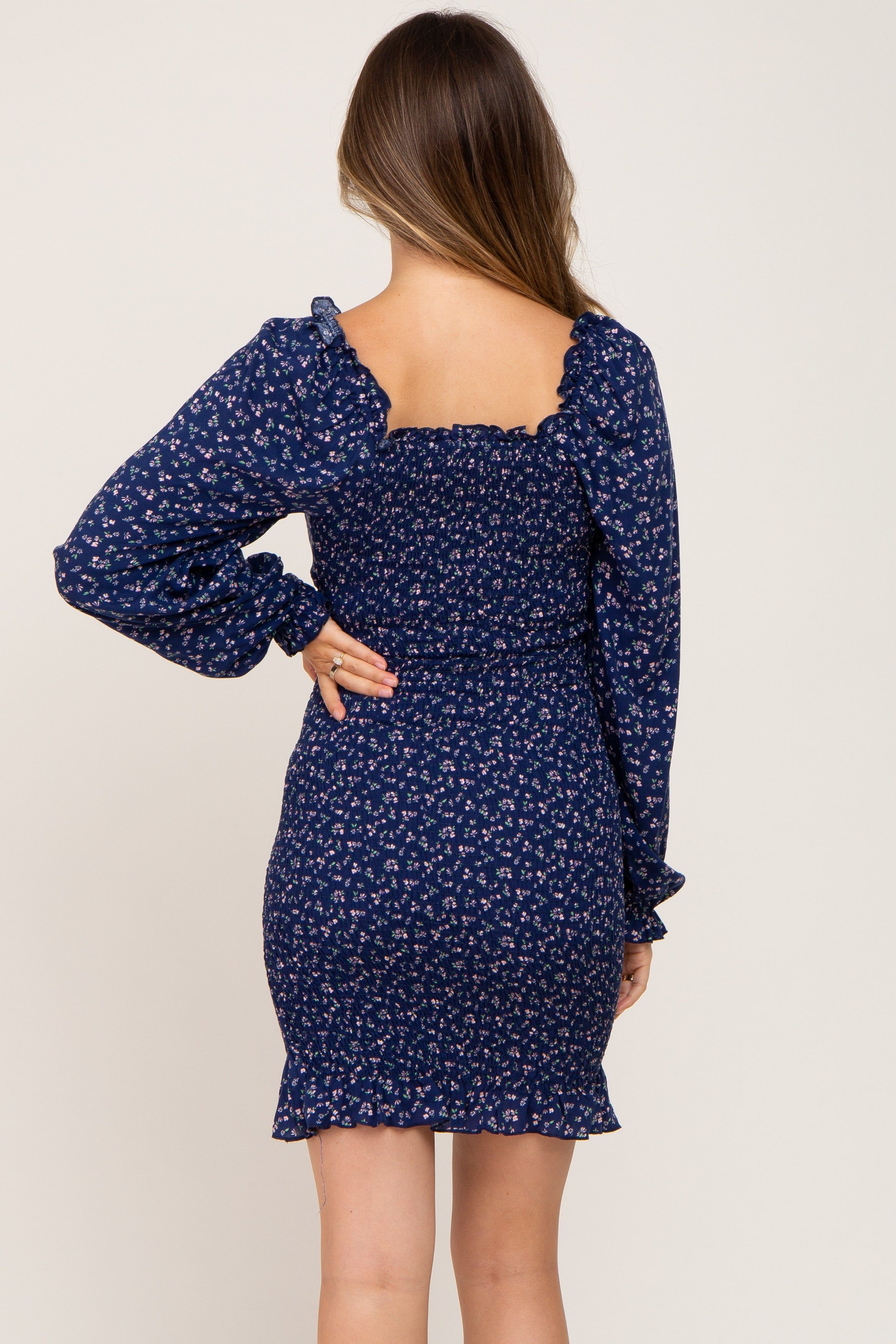 Navy Floral Sweetheart Neck Smocked Long Sleeve Maternity Dress sold by Pinkblush product image thumbnail 3