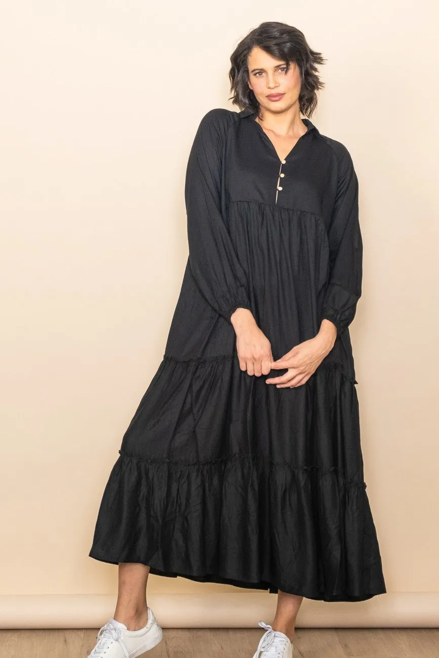 Black Button Front V-Neck Ruffle Tiered Maternity Midi Dress sold by Pinkblush product image thumbnail 4