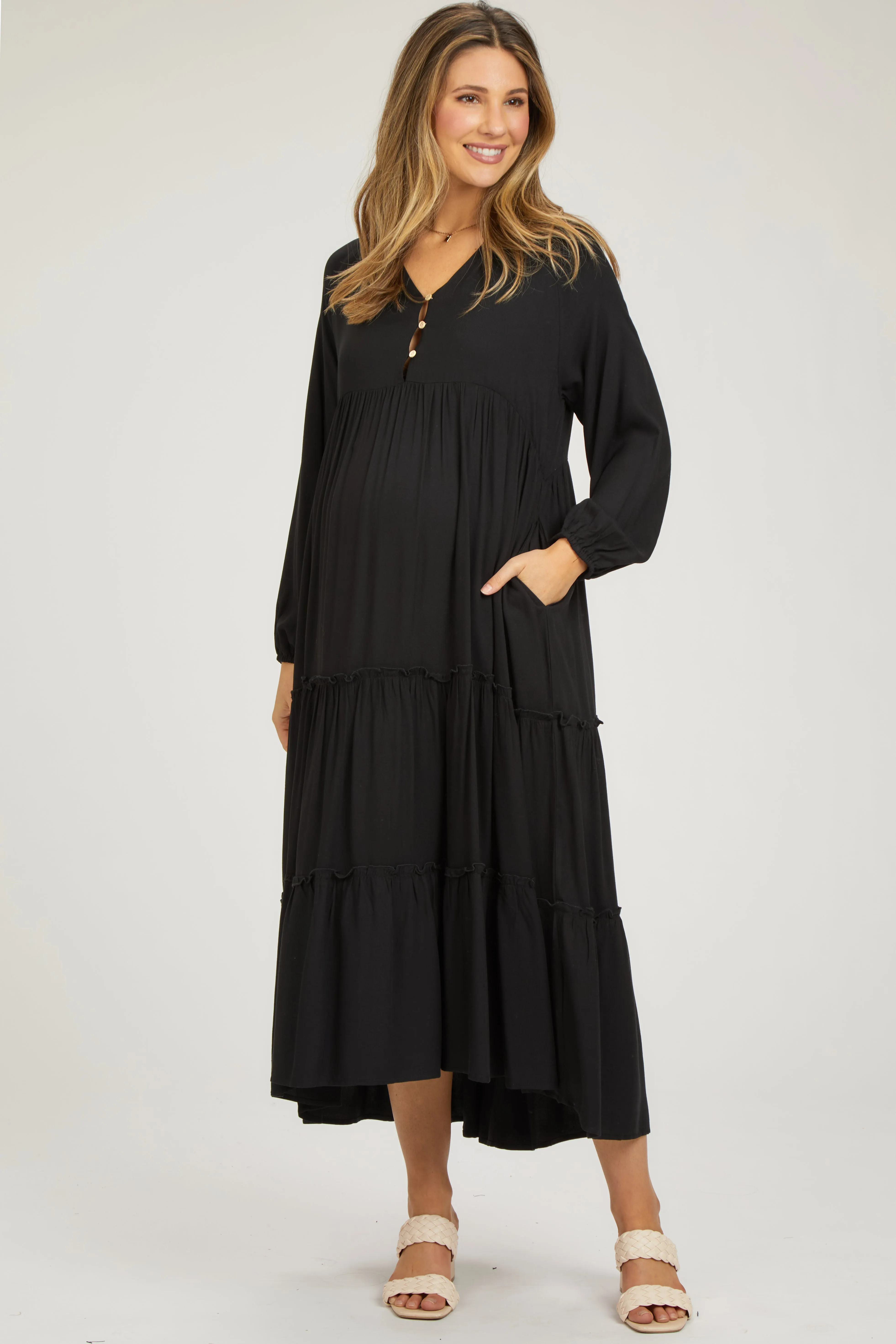 Black Button Front V-Neck Ruffle Tiered Maternity Midi Dress sold by Pinkblush