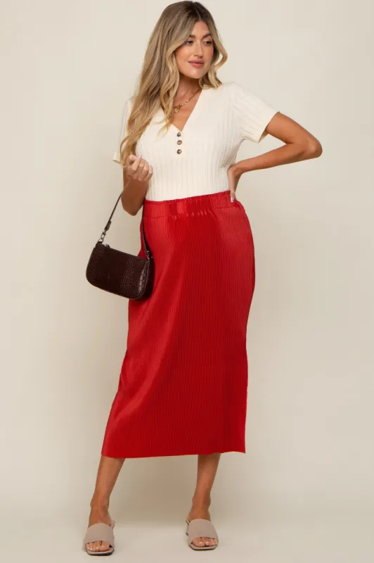 Rust Red Pleated Side Slit Maternity Midi Skirt sold by Pinkblush