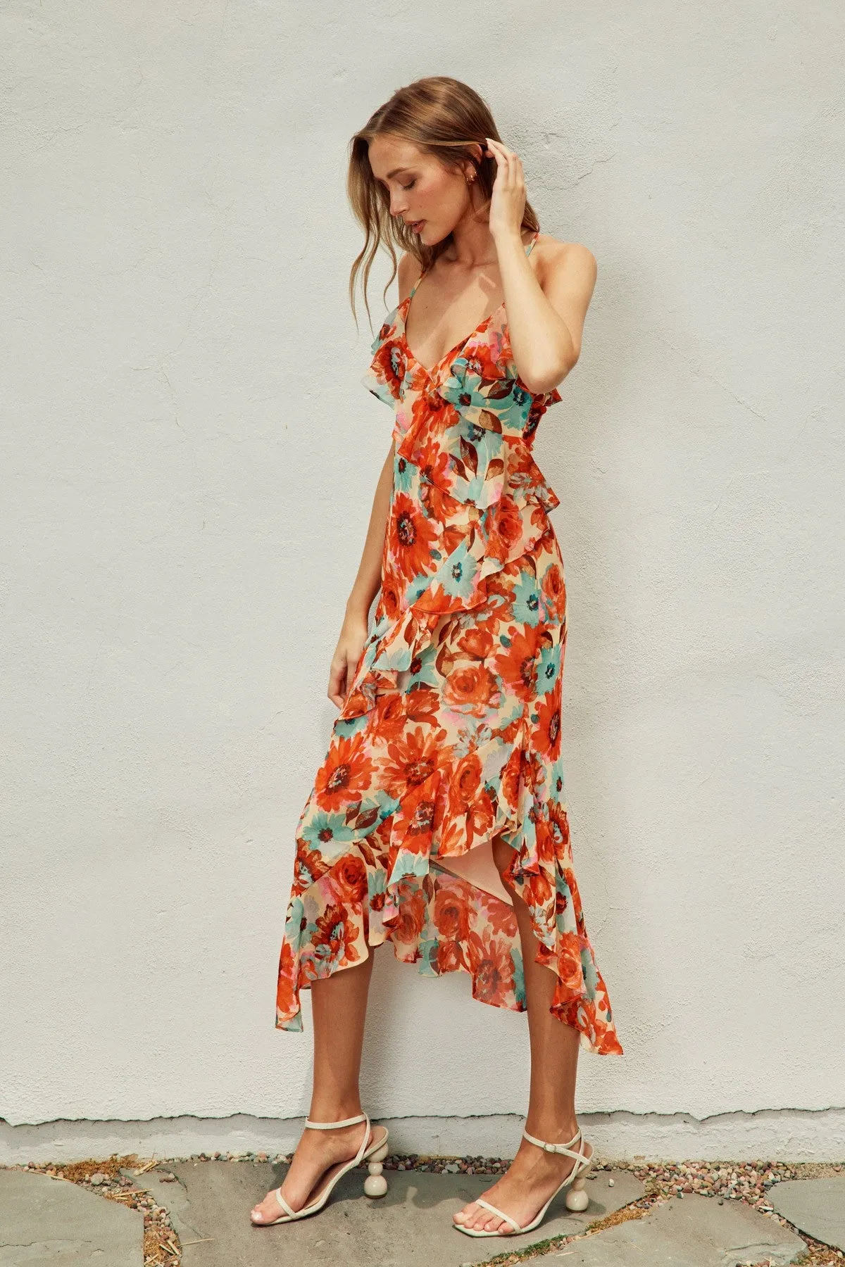Orange Garden Diagonal Ruffled Midi Dress sold by Pinkblush product image thumbnail 3