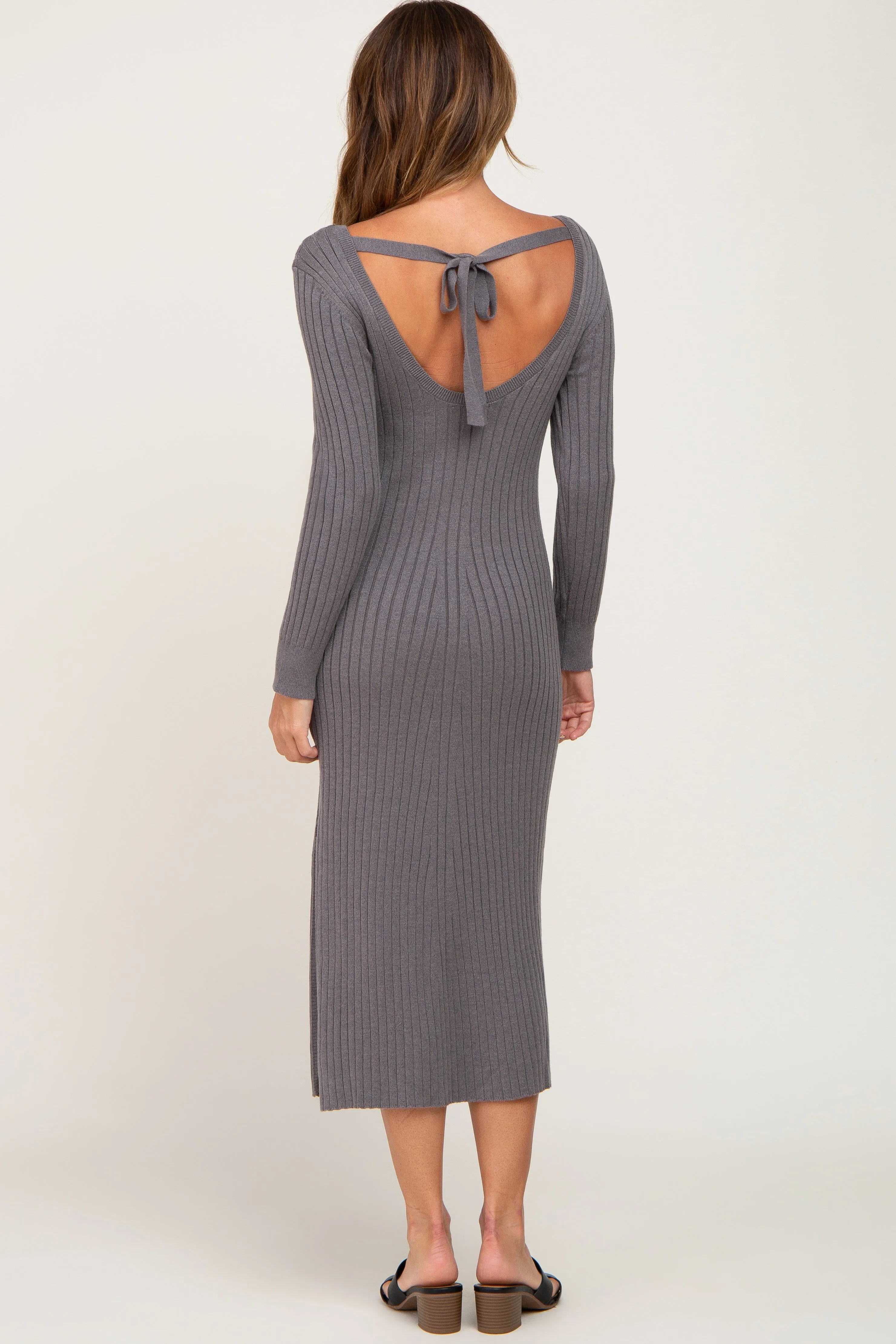 Grey Ribbed Side Slit Midi Sweater Dress sold by Pinkblush product image thumbnail 3
