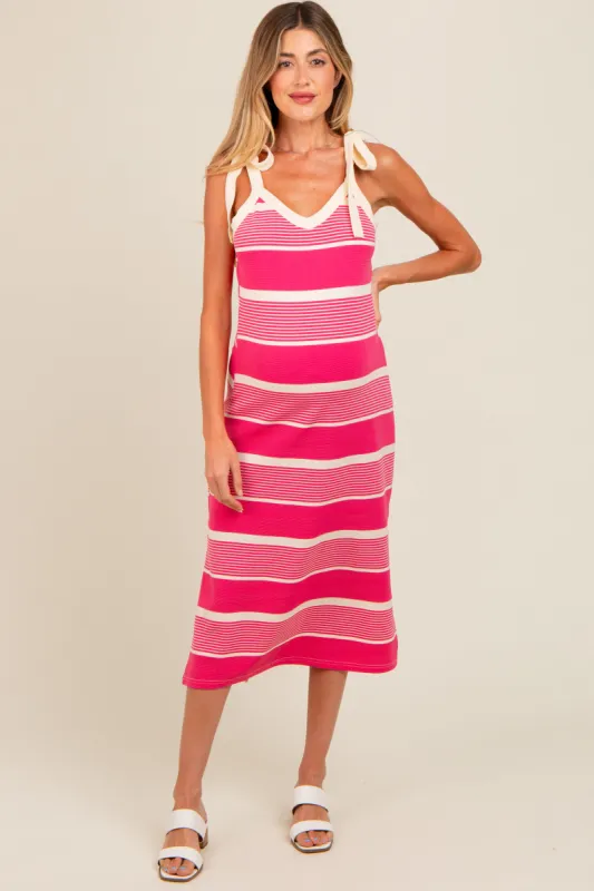 Pink Striped Shoulder Tie Side Slit Maternity Midi Dress sold by Pinkblush