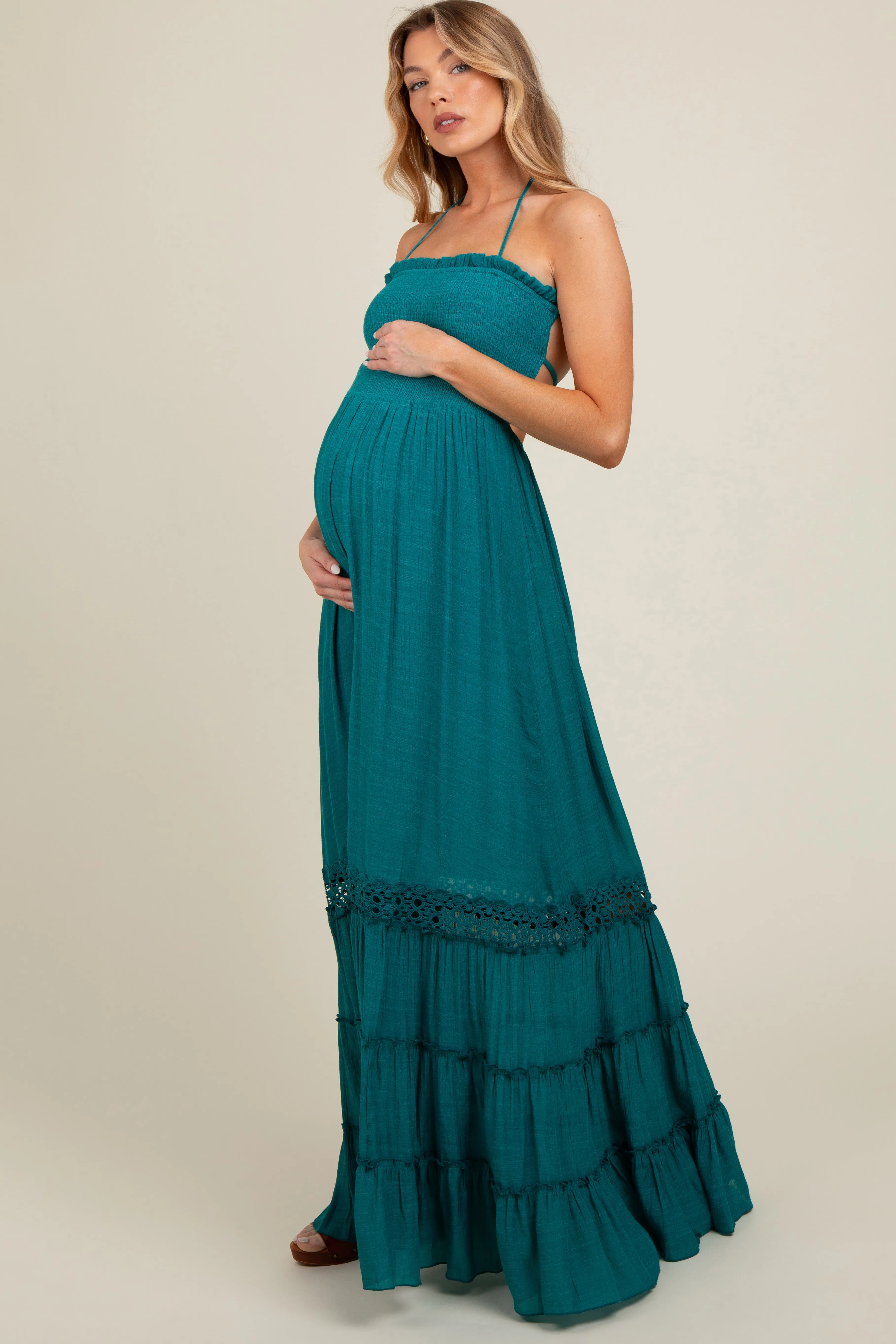 Teal Smocked Open Back Maternity Maxi Dress sold by Pinkblush product image thumbnail 2