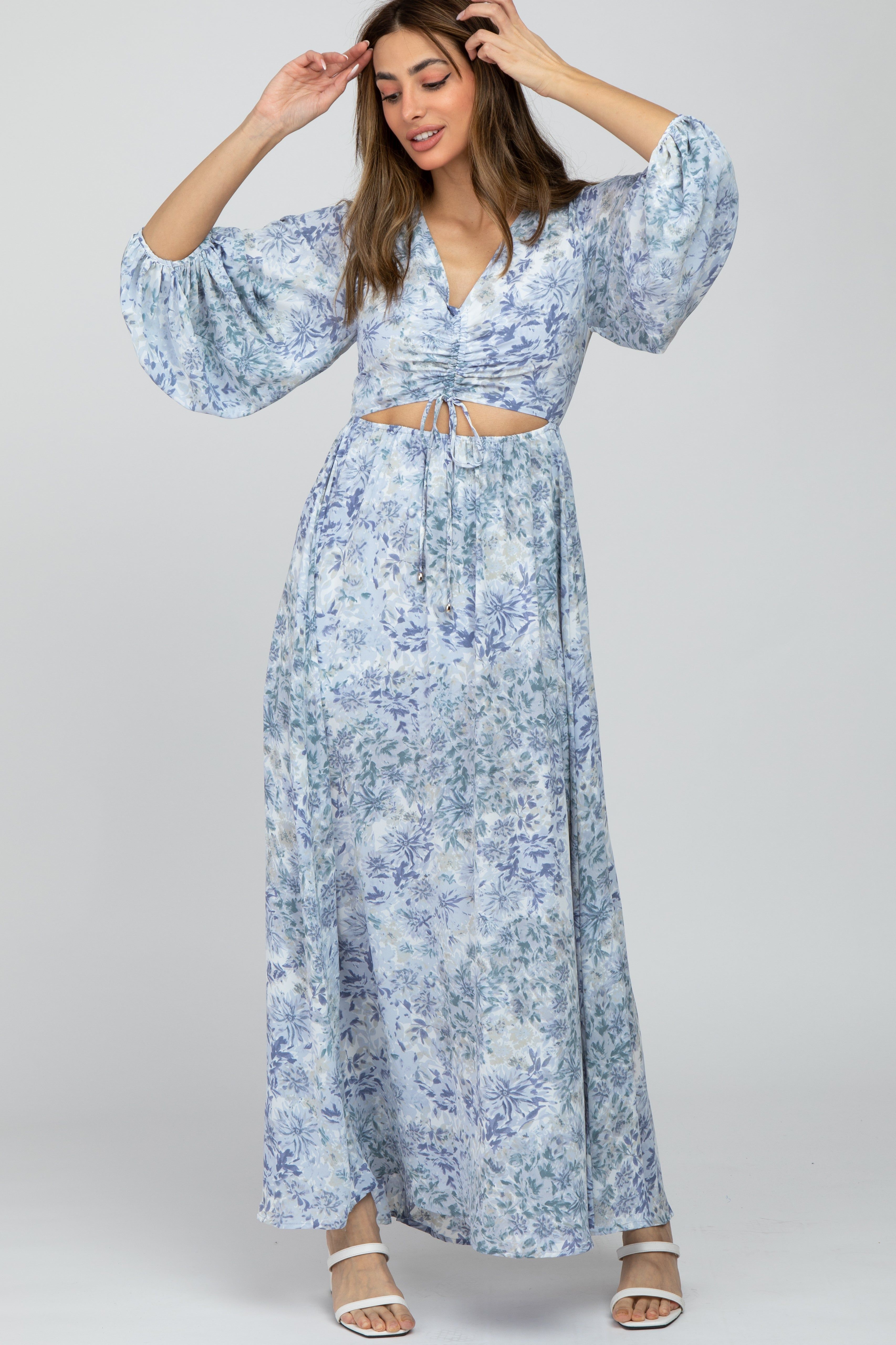 Blue Floral Front Cutout Maxi Dress sold by Pinkblush