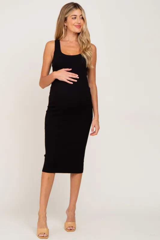 Black Fitted Knit Maternity Midi Dress sold by Pinkblush