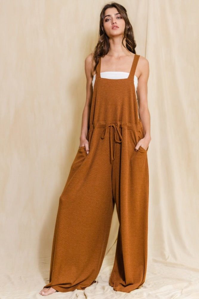 Camel Wide Leg Solid Knit Jumpsuit sold by Pinkblush