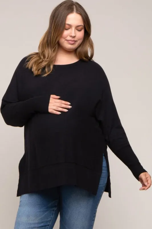 Black Dolman Sleeve Side Slit Maternity Plus Sweater sold by Pinkblush