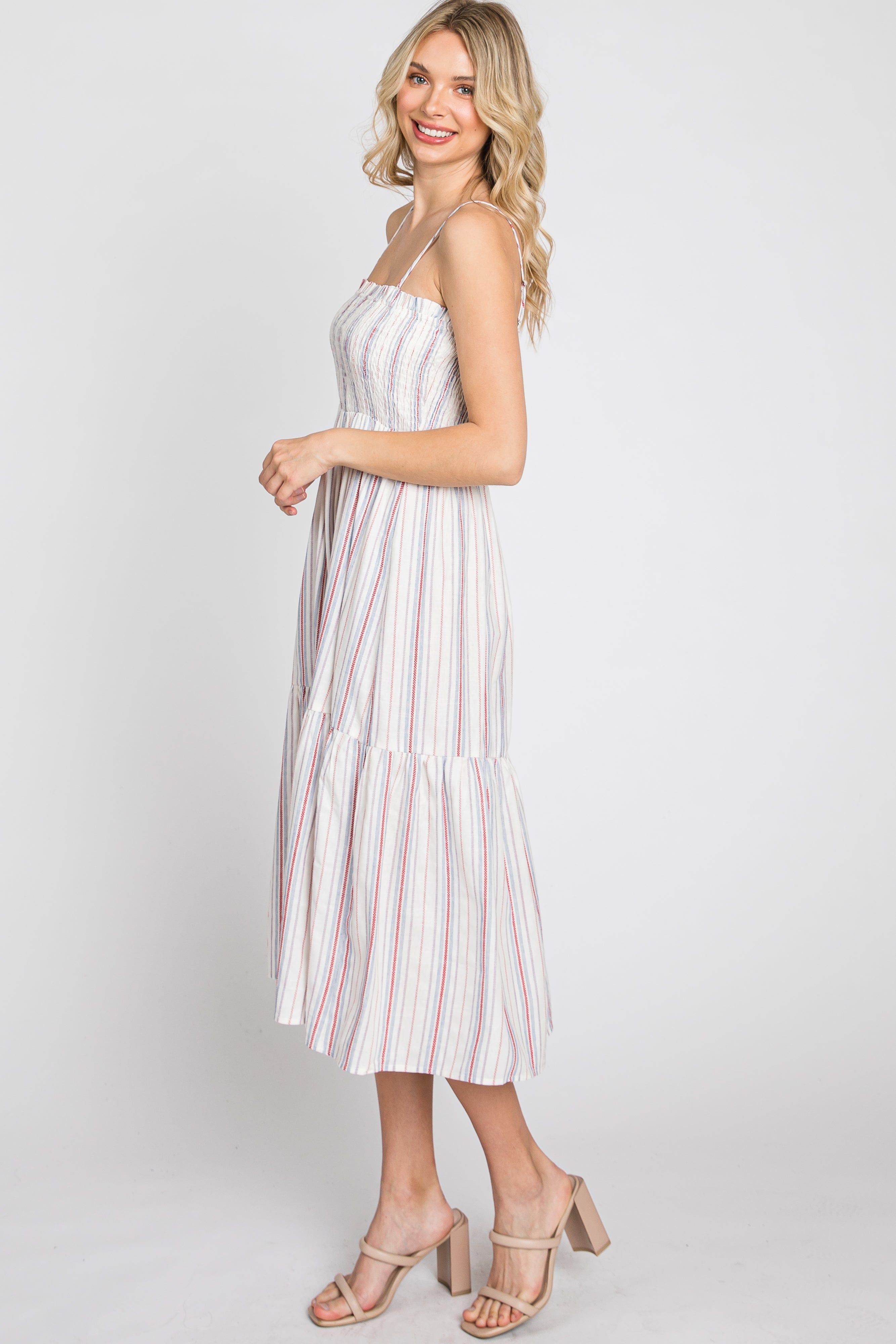 Red Striped Smocked Square Neck Midi Dress sold by Pinkblush product image thumbnail 5