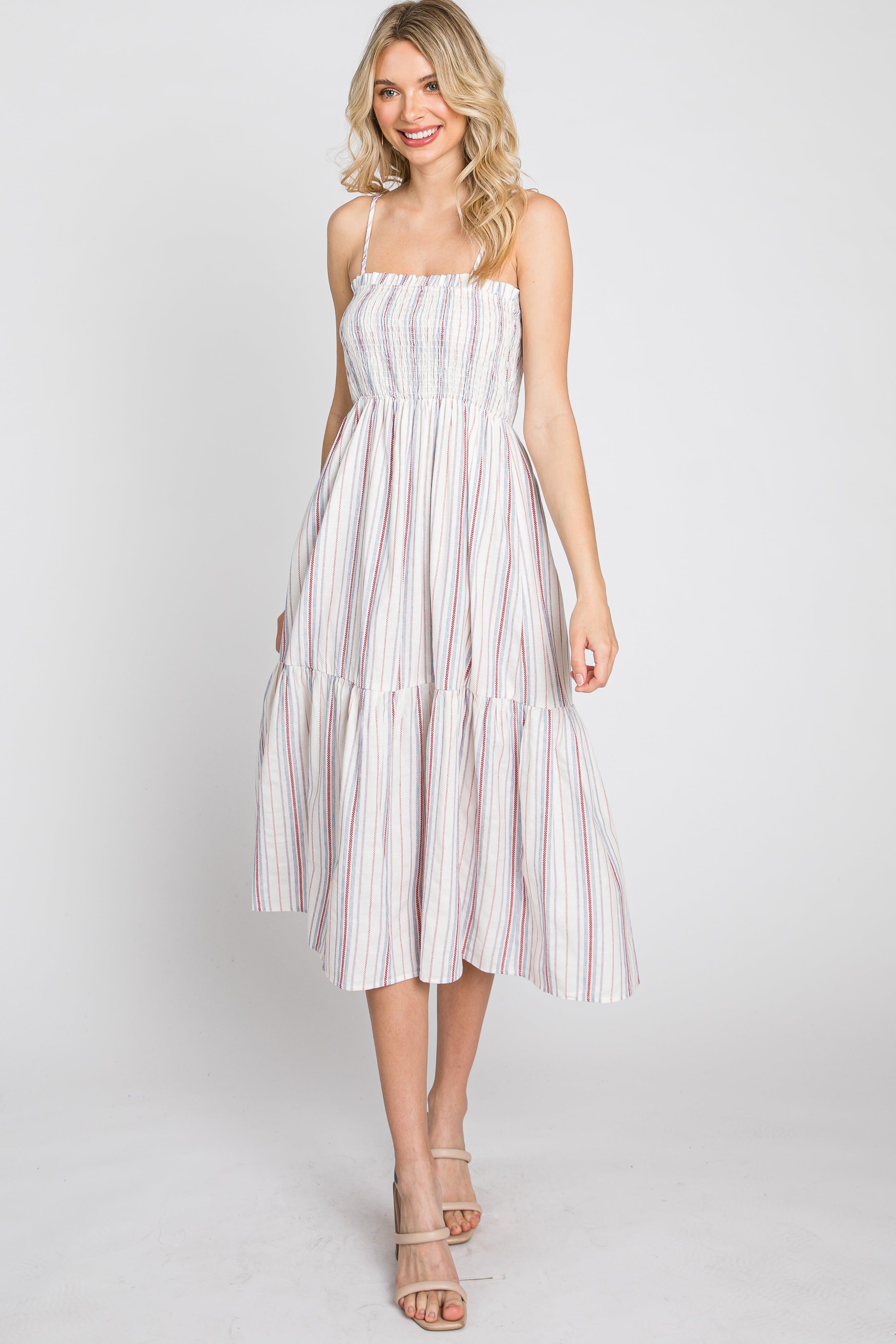 Red Striped Smocked Square Neck Midi Dress sold by Pinkblush product image thumbnail 3