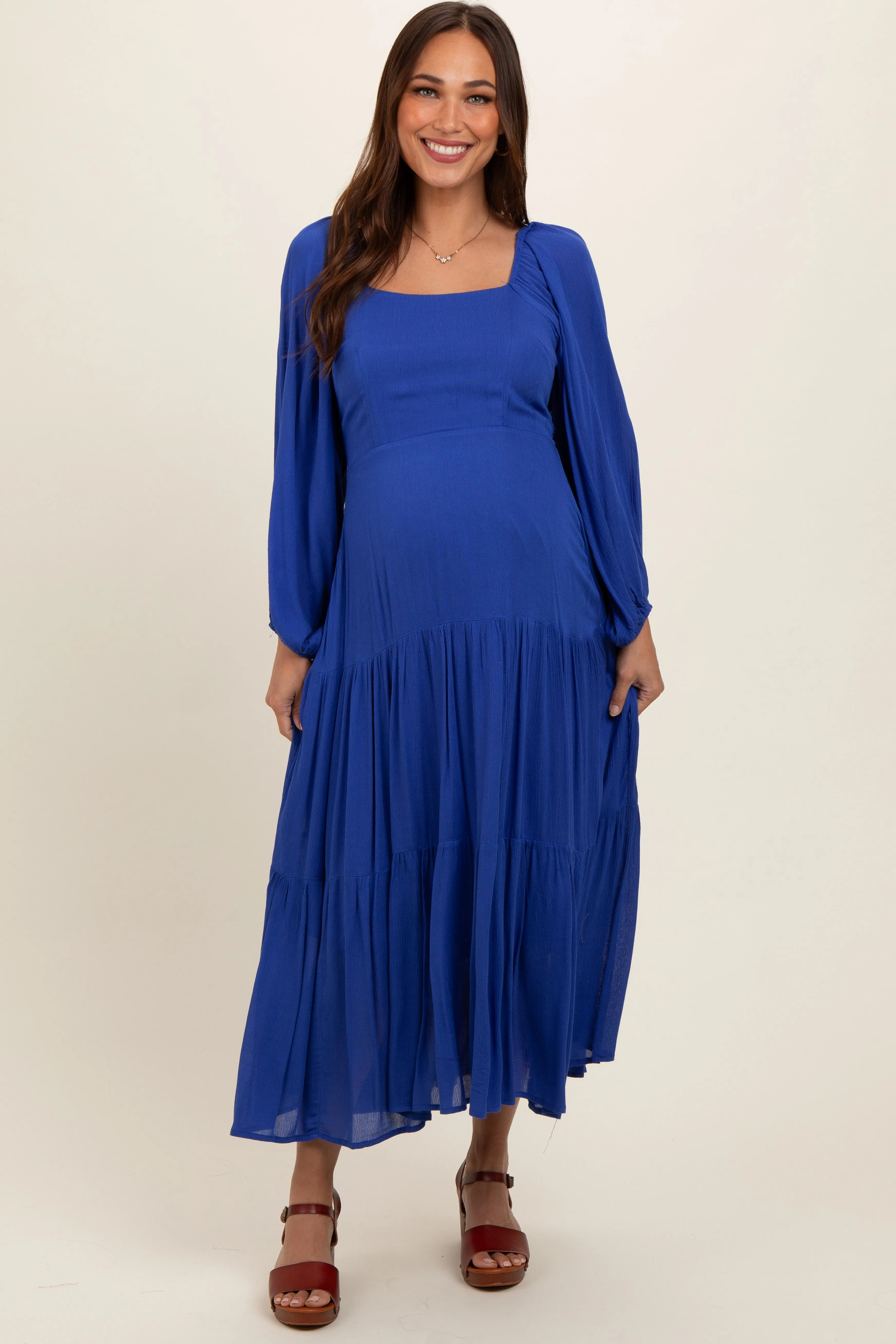 Royal Blue Tiered Maternity Midi Dress sold by Pinkblush