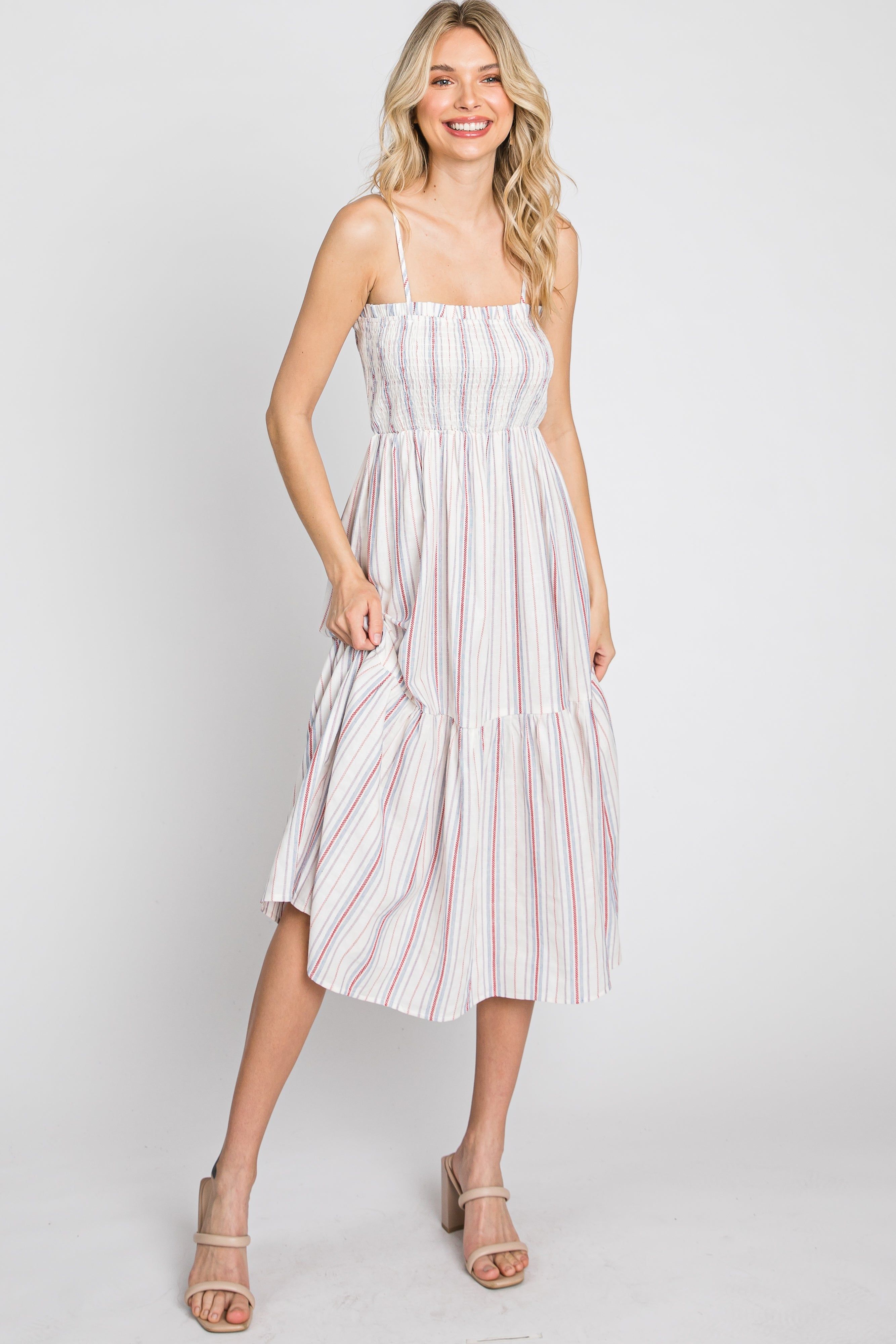 Red Striped Smocked Square Neck Midi Dress sold by Pinkblush product image thumbnail 9