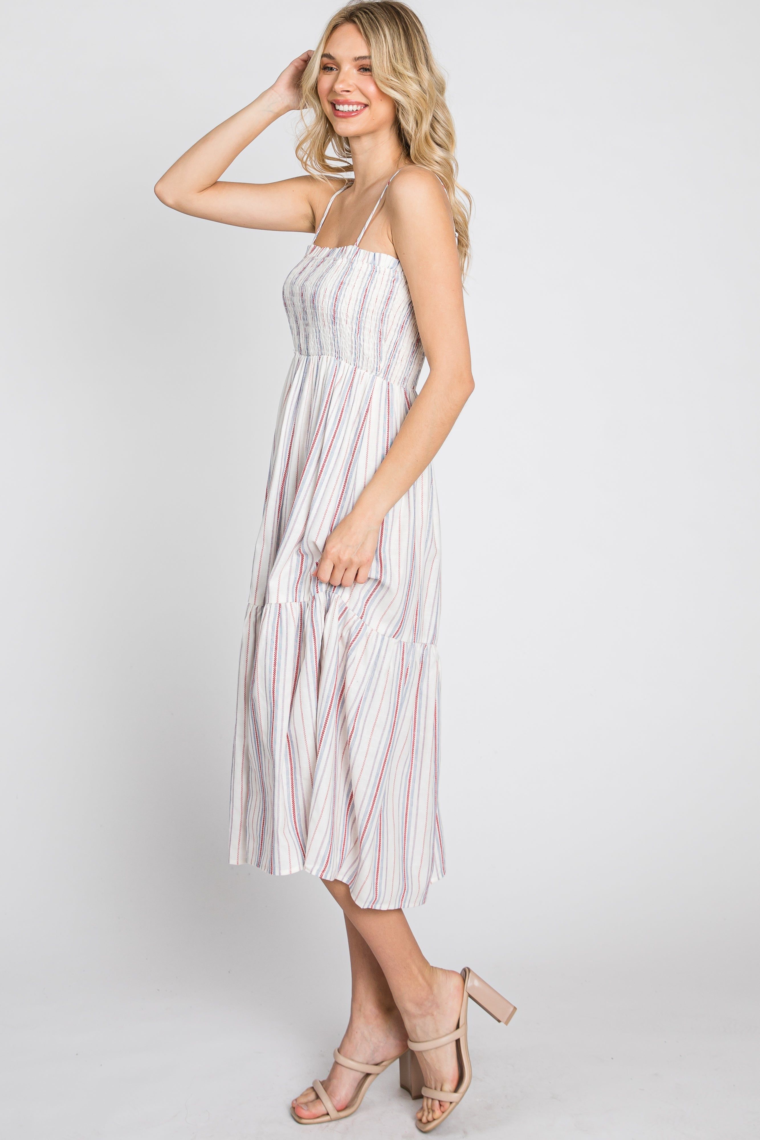 Red Striped Smocked Square Neck Midi Dress sold by Pinkblush product image thumbnail 6