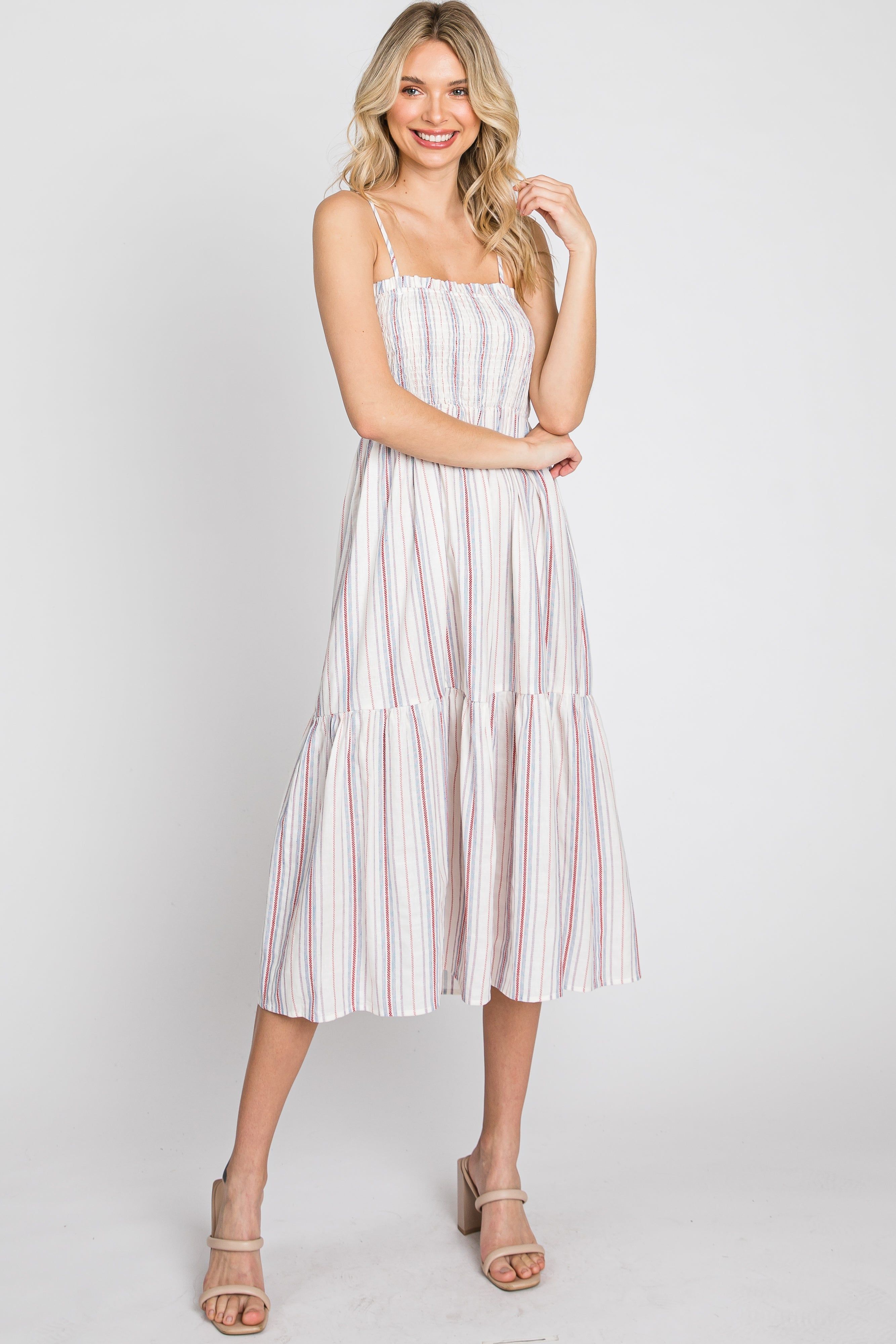 Red Striped Smocked Square Neck Midi Dress sold by Pinkblush