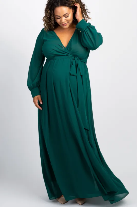 Green Chiffon Long Sleeve Pleated Plus Maternity Maxi Dress sold by Pinkblush