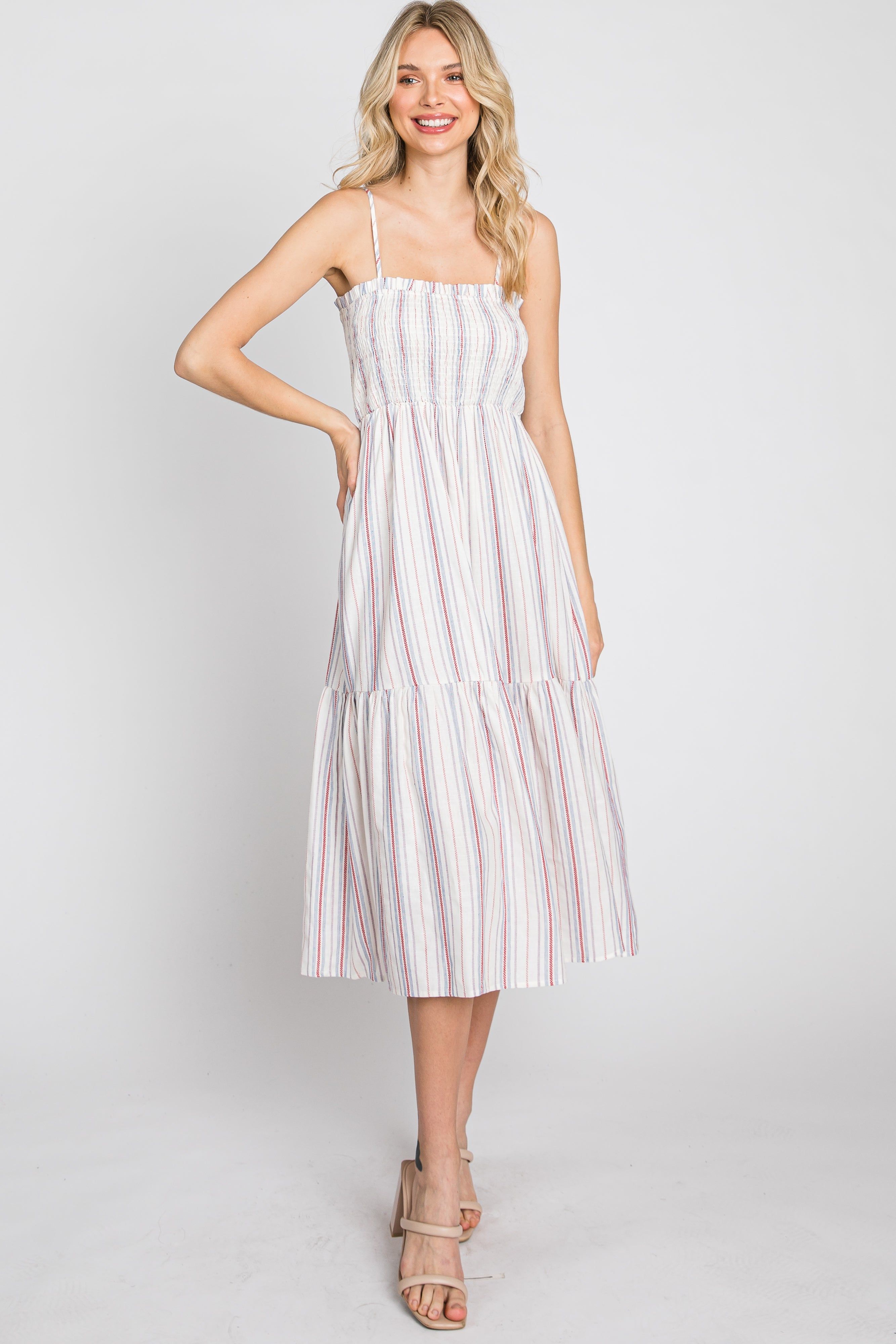 Red Striped Smocked Square Neck Midi Dress sold by Pinkblush product image thumbnail 4
