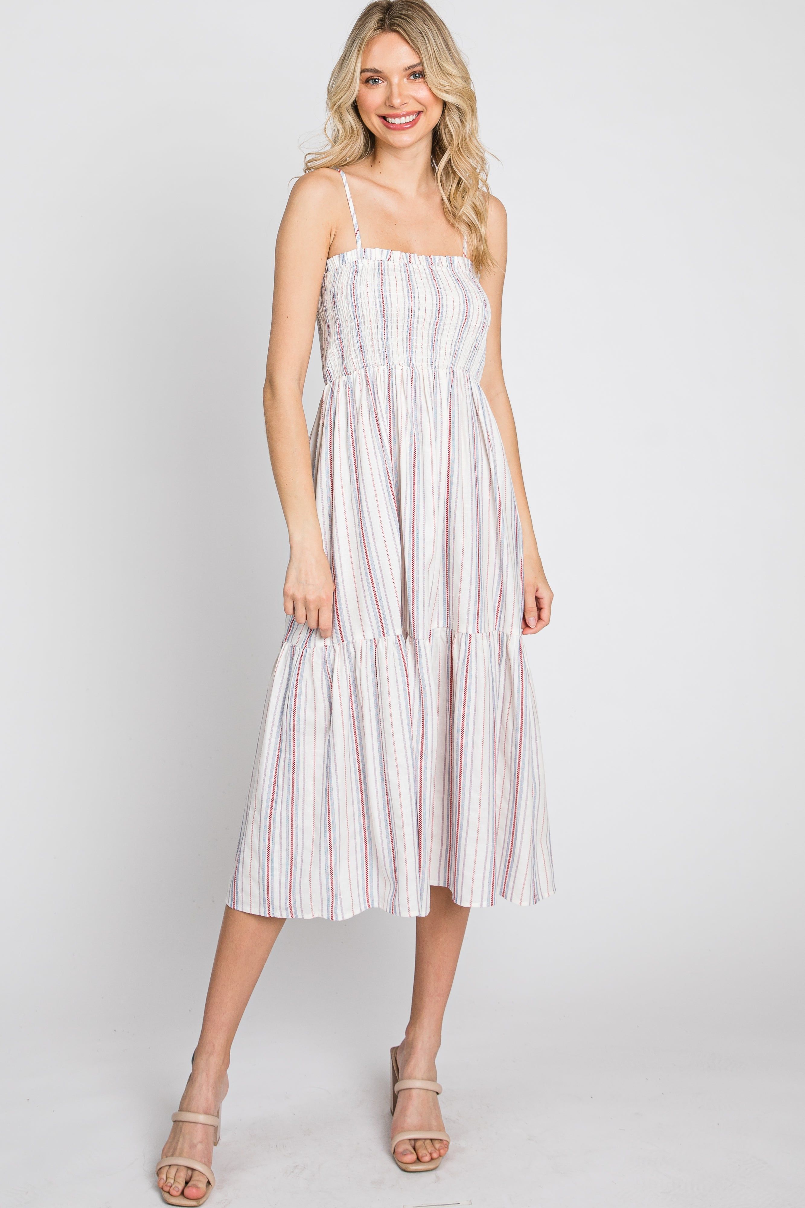 Red Striped Smocked Square Neck Midi Dress sold by Pinkblush product image thumbnail 2