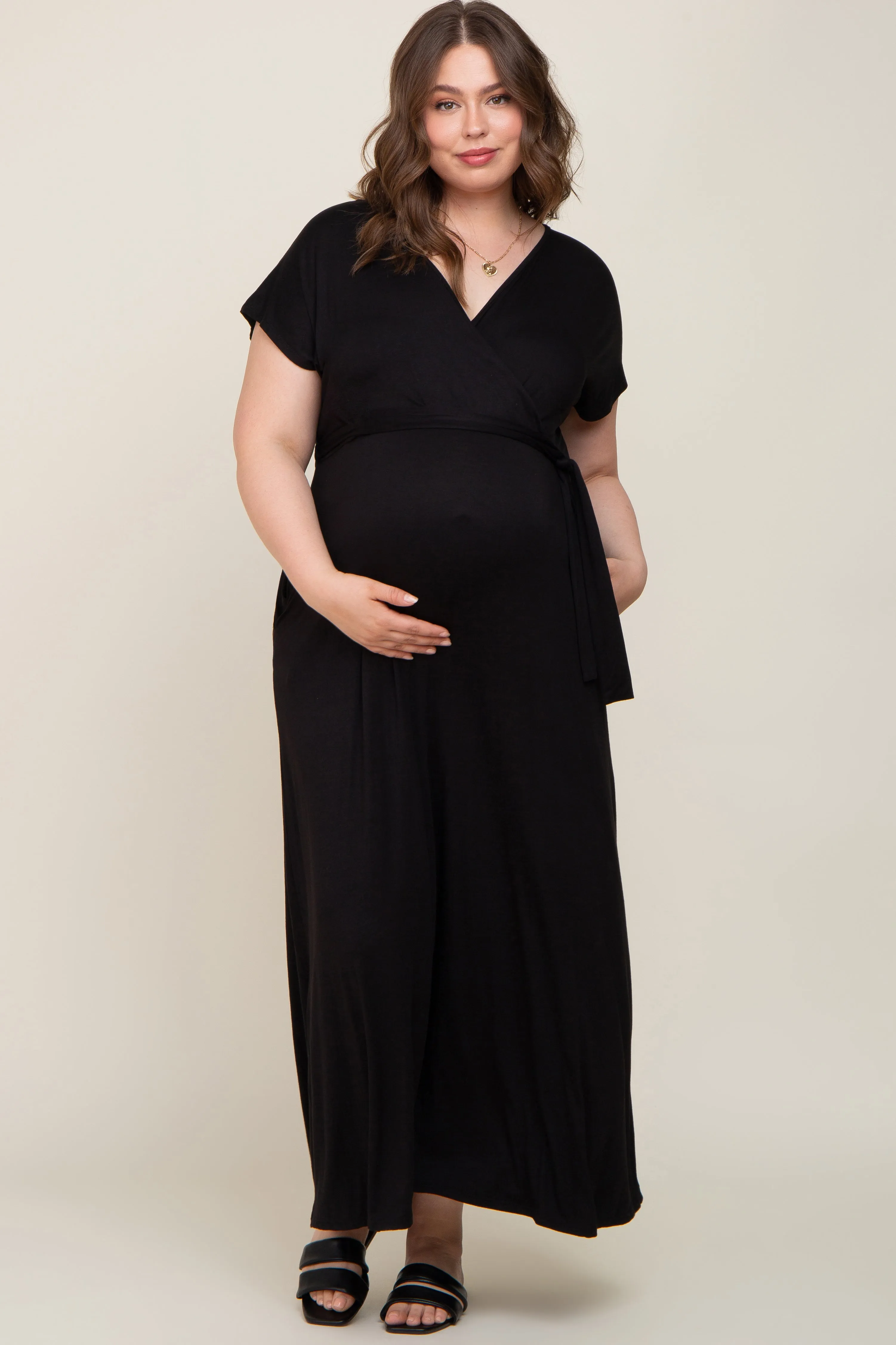 Black Basic Maternity Plus Wrap Maxi Dress sold by Pinkblush product image thumbnail 4