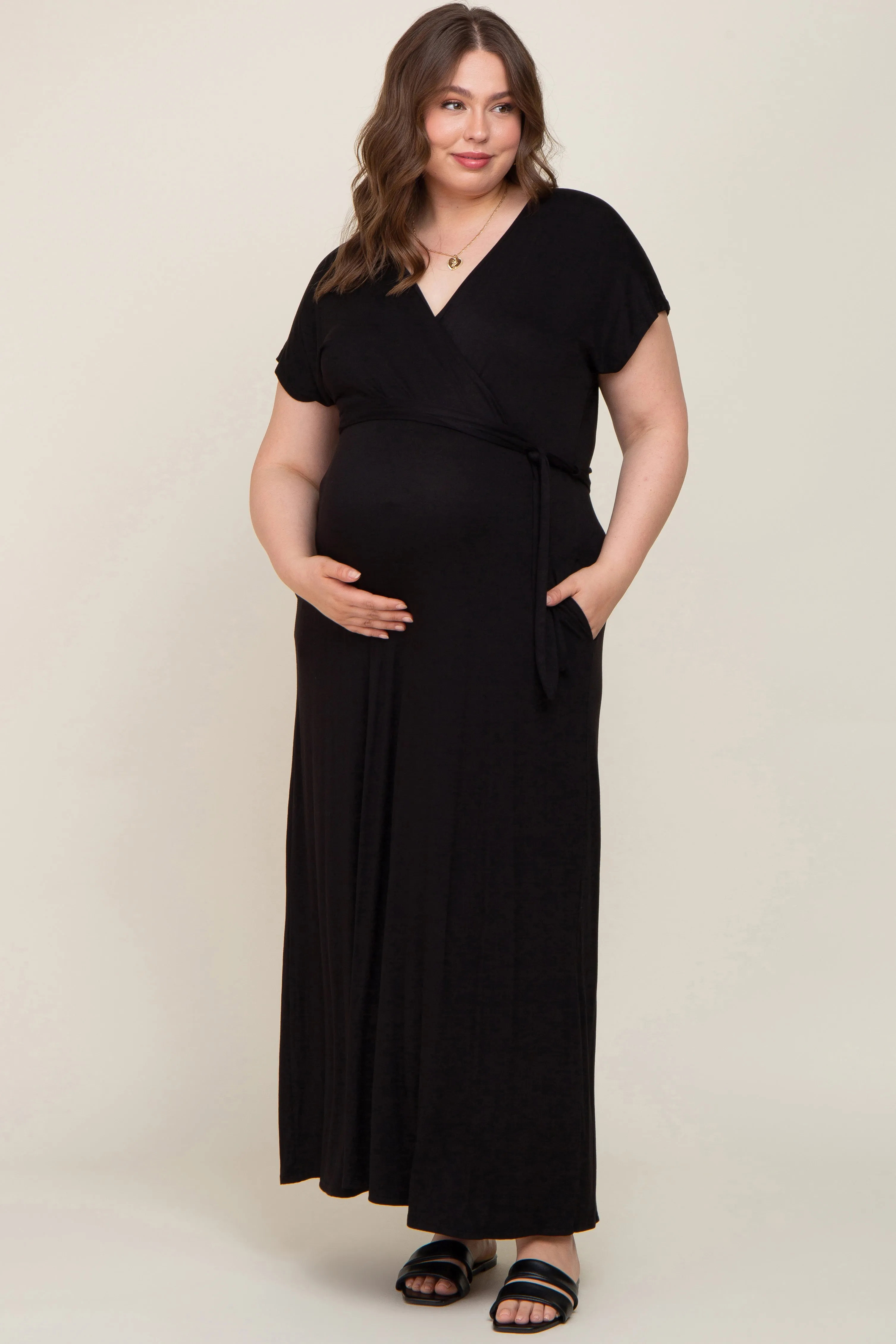 Black Basic Maternity Plus Wrap Maxi Dress sold by Pinkblush