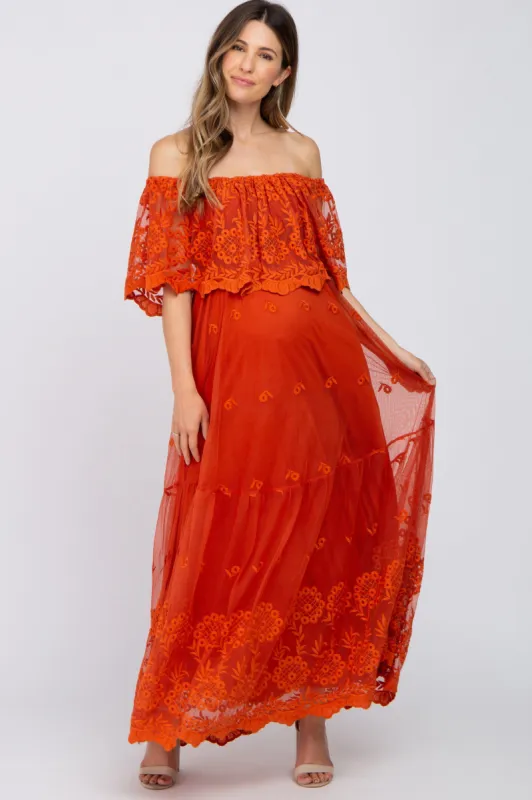 Rust Overlay Off Shoulder Maternity Maxi Dress sold by Pinkblush