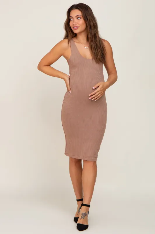 Taupe Ribbed Scoop Neck Fitted Maternity Dress sold by Pinkblush