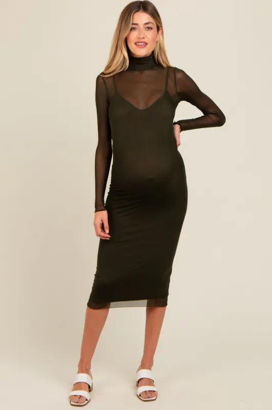 Olive Mesh Overlay Fitted Maternity Midi Dress sold by Pinkblush