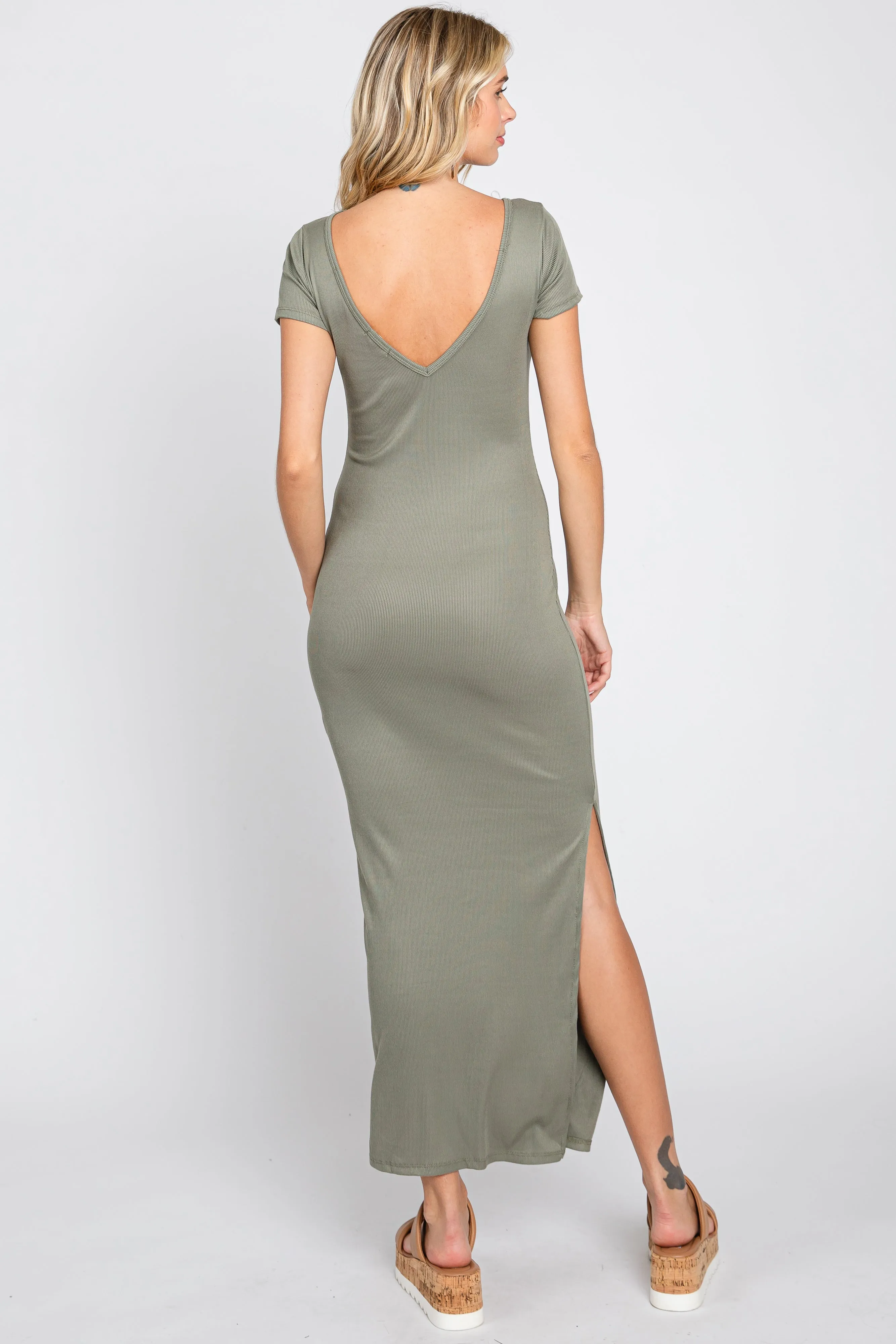 Light Olive Basic Ribbed Side Slit Midi Dress sold by Pinkblush product image thumbnail 3