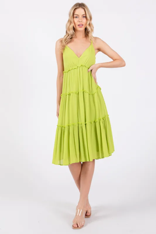 Lime Yellow Ruffle Tiered Cutout Back Tie Dress sold by Pinkblush