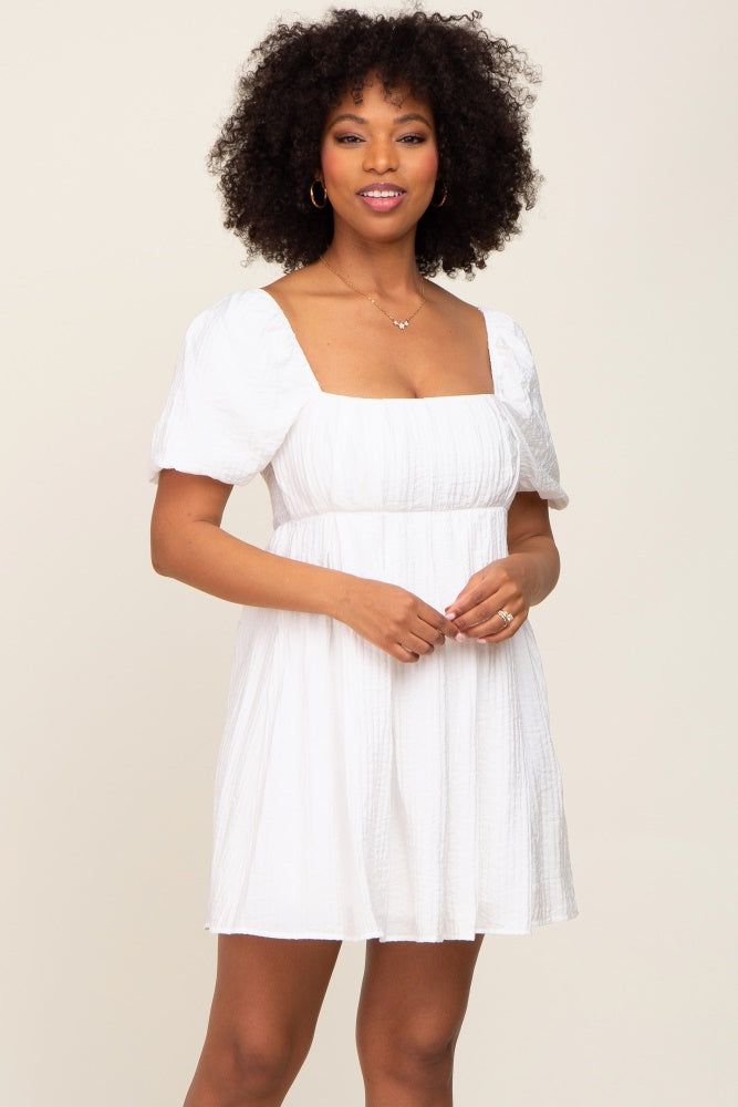 Ivory Striped Pleated Puff Sleeve Mini Dress sold by Pinkblush